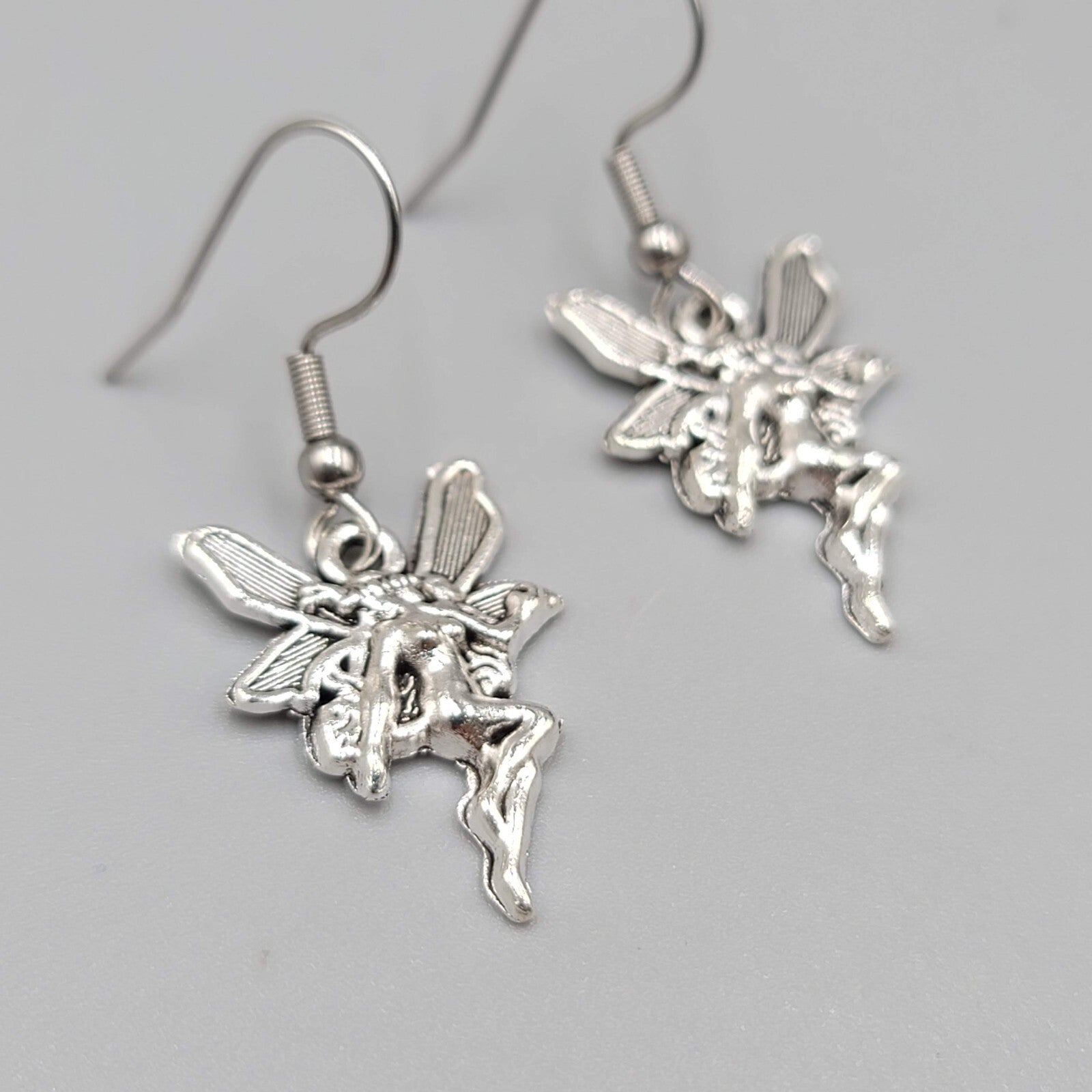 Fairy Pierced Earrings Embossed Silver tone Dangle 3/4"