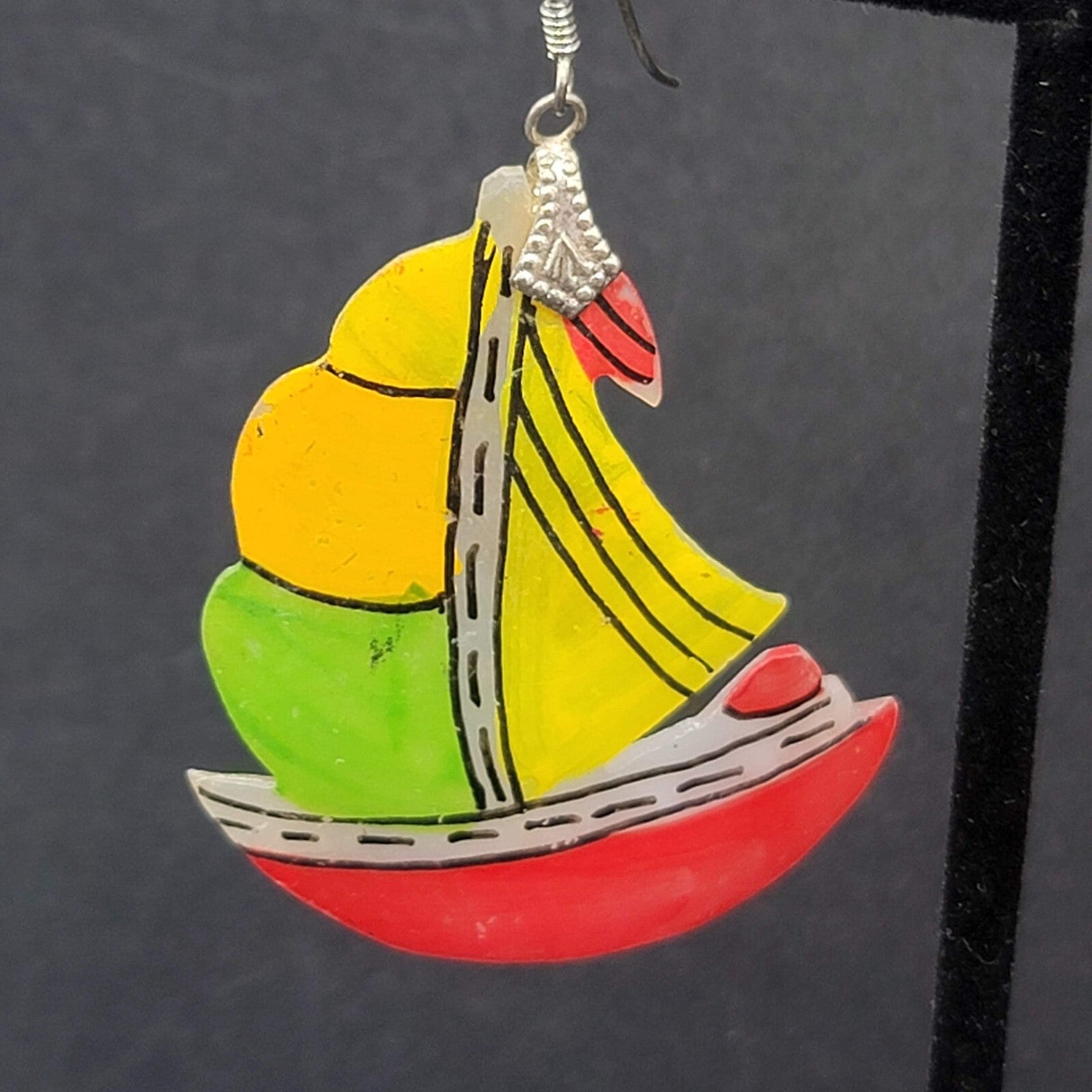 Vintage Sailboat Pierced Earrings Hand Painted Mother of Pearl Carved Shell 2"