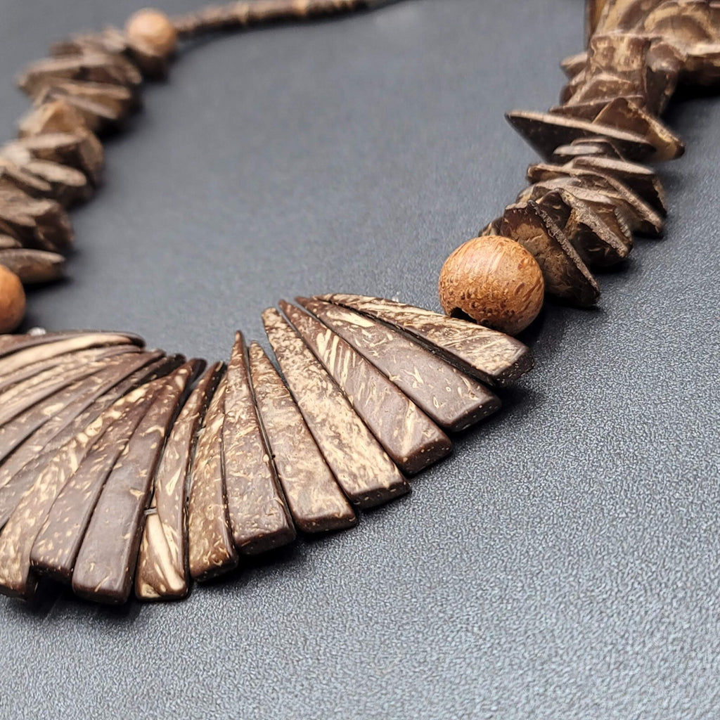 Vintage Coir Coconut Beads Necklace Brown Boho Ethnic Statement 19"