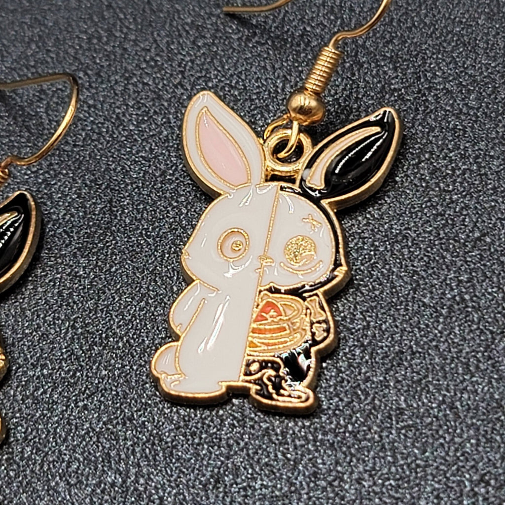 Zombie Rabbit Bunny Pierced Earrings Halloween Half Skeleton Enamel Dangle 1"