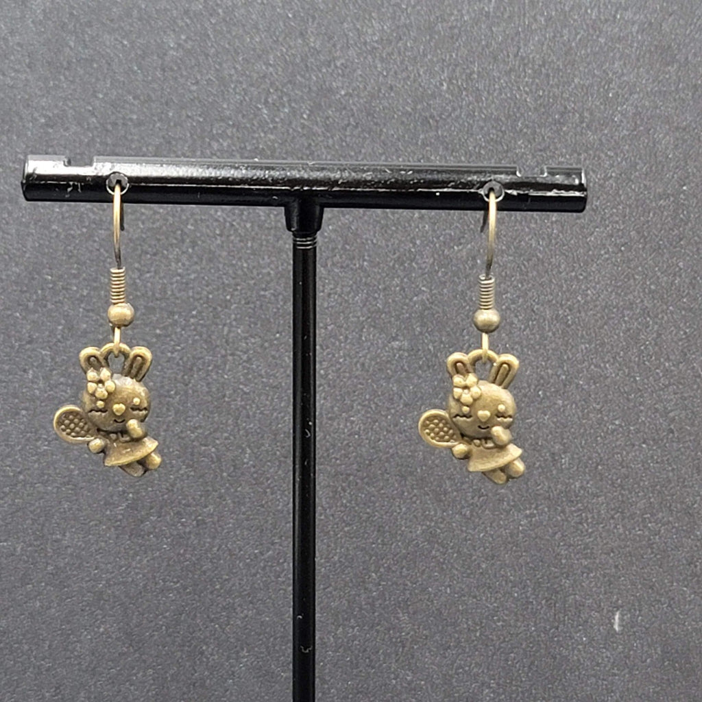 New Pierced Earrings Bronze tone Bunny Rabbit Tennis Dangle 5/8"