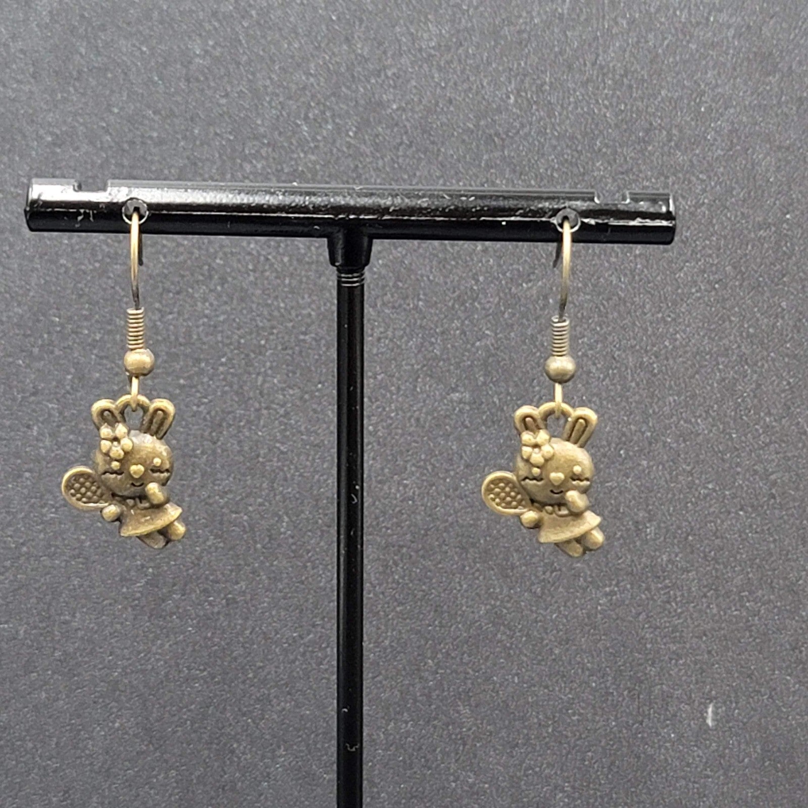 New Pierced Earrings Bronze tone Bunny Rabbit Tennis Dangle 5/8"