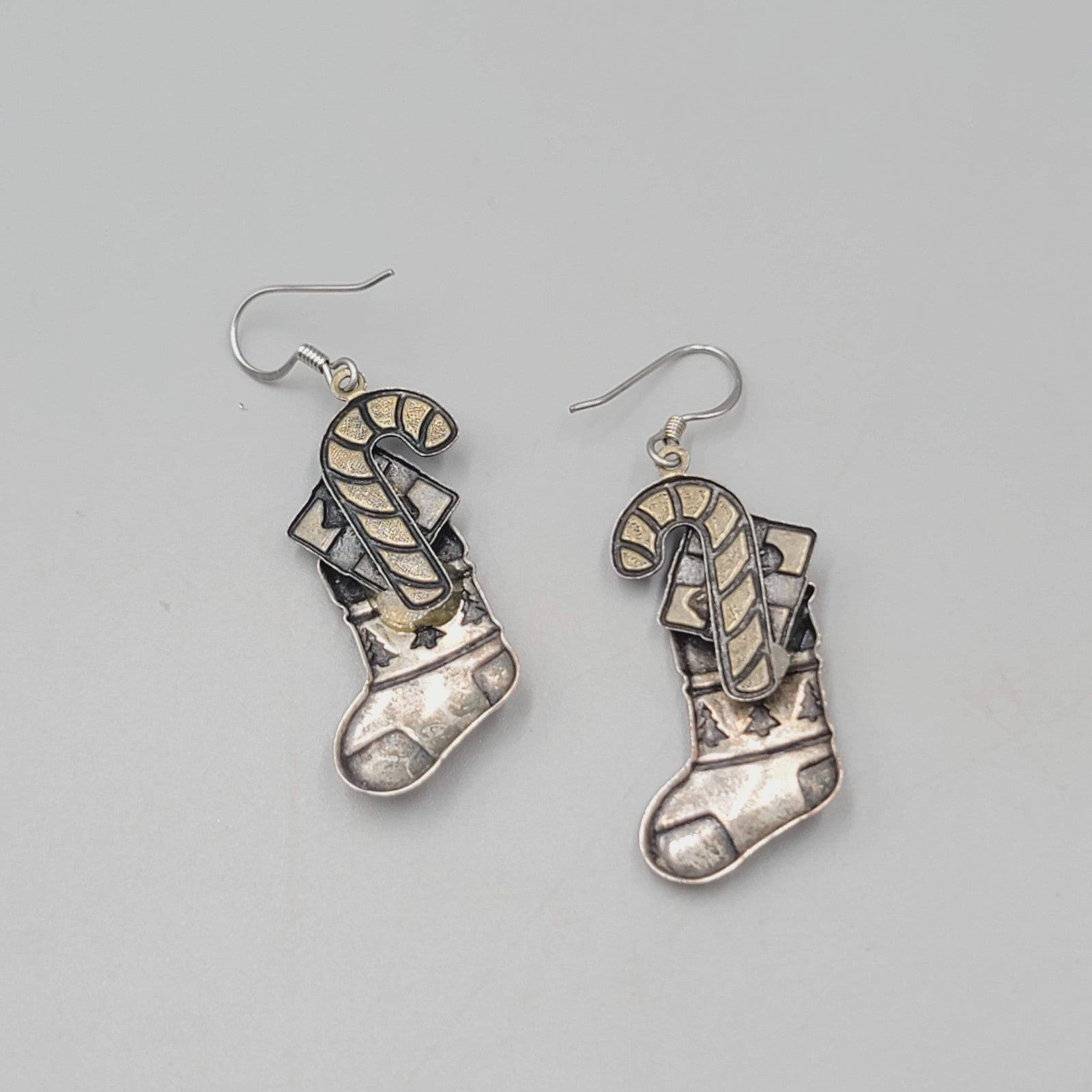 Vintage Christmas Stocking Pierced Earrings Enamel Silver tone Dangle 1 3/8"