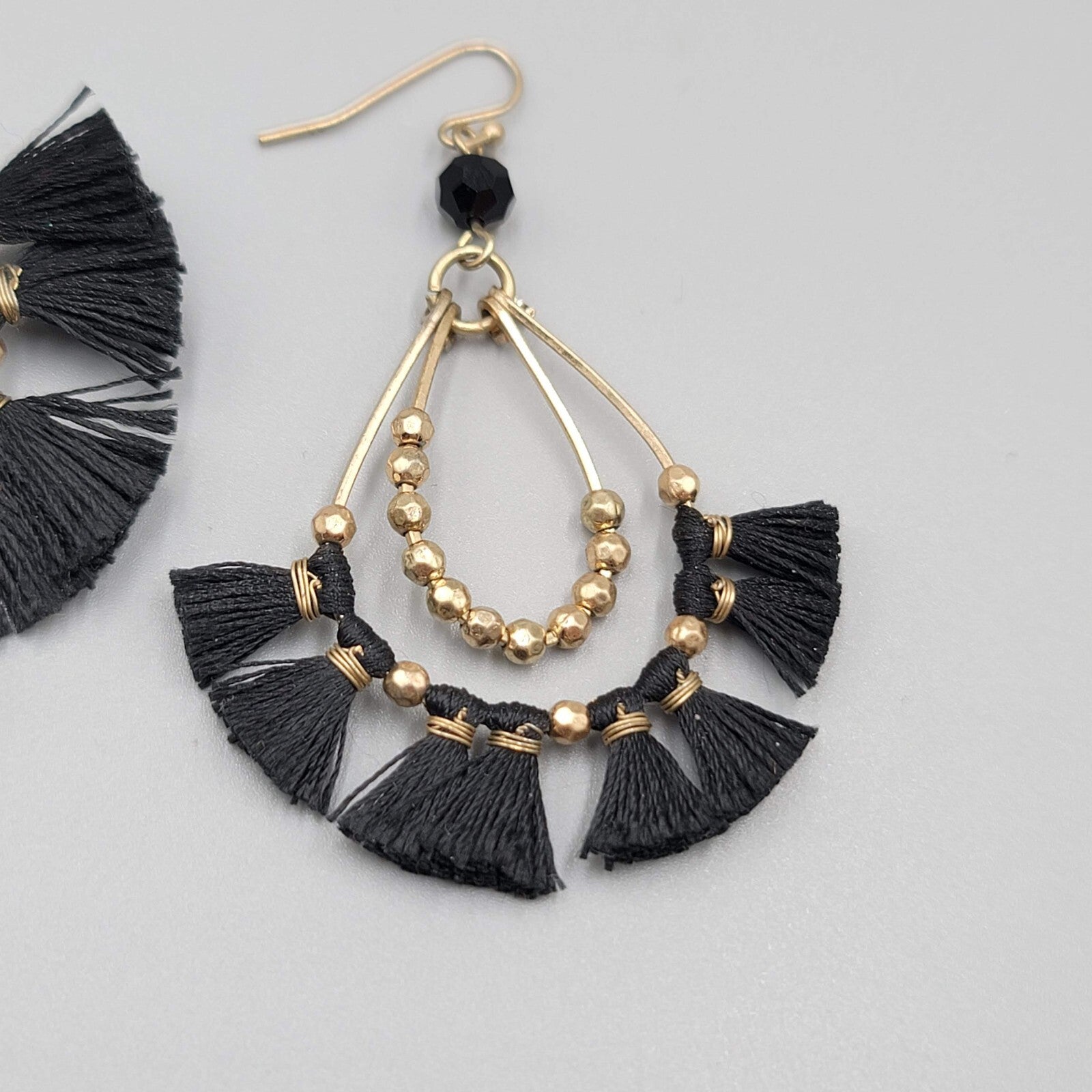 Pierced Earrings Gold tone Black Tassel Teardrop Dangle 2.5"