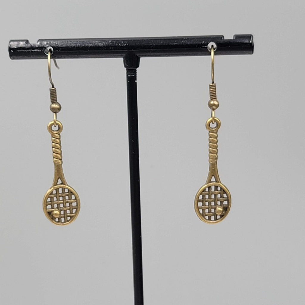Tennis Racquet Pierced Earrings Bronze tone Dangle NEW 1 1/8"