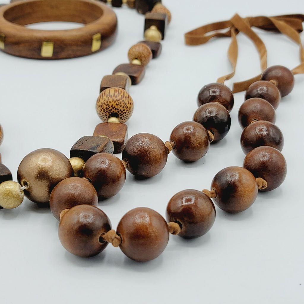 Vintage Wood Jewelry Lot 3 Necklaces and 1 Bangle Brass Inlay Bracelet