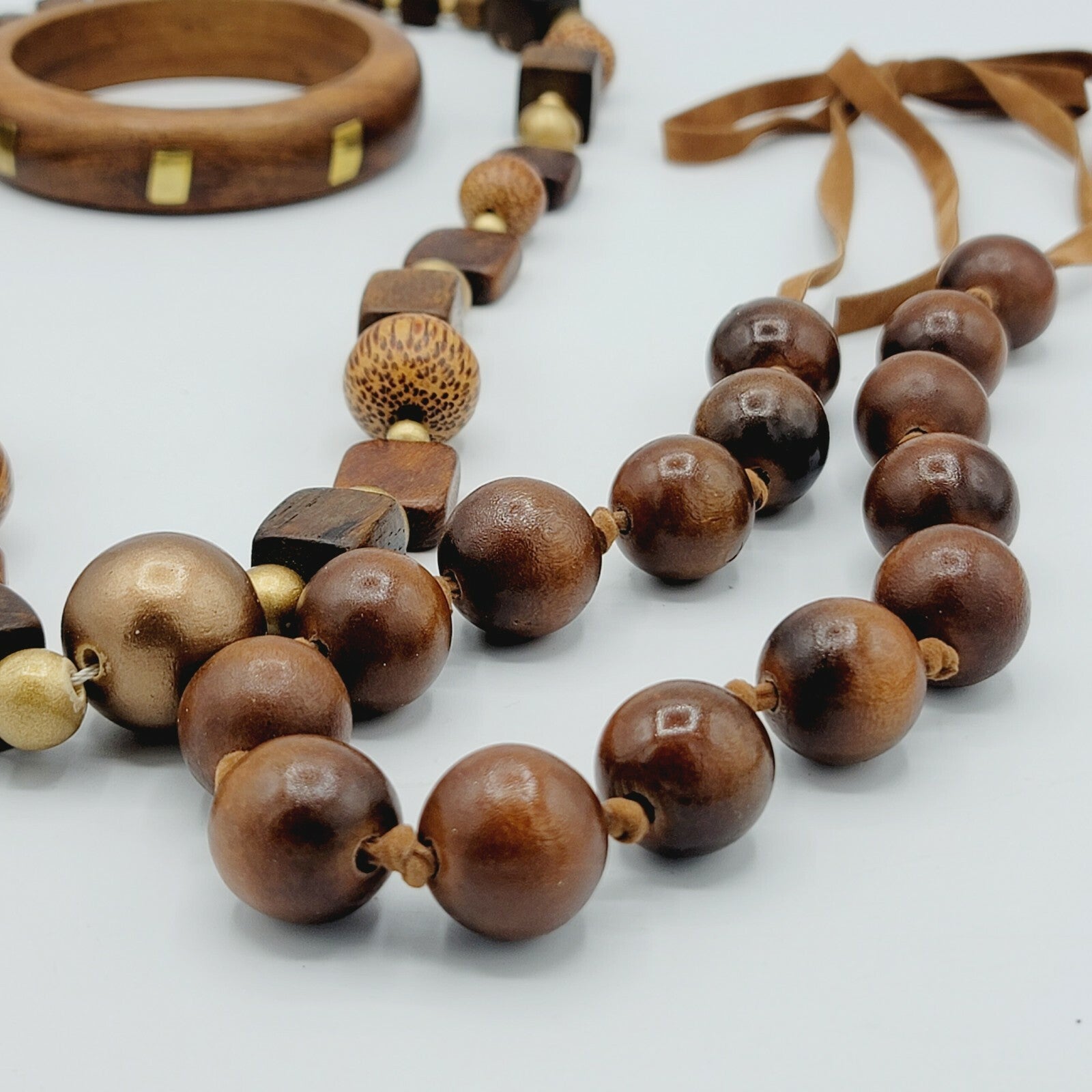 Vintage Wood Jewelry Lot 3 Necklaces and 1 Bangle Brass Inlay Bracelet
