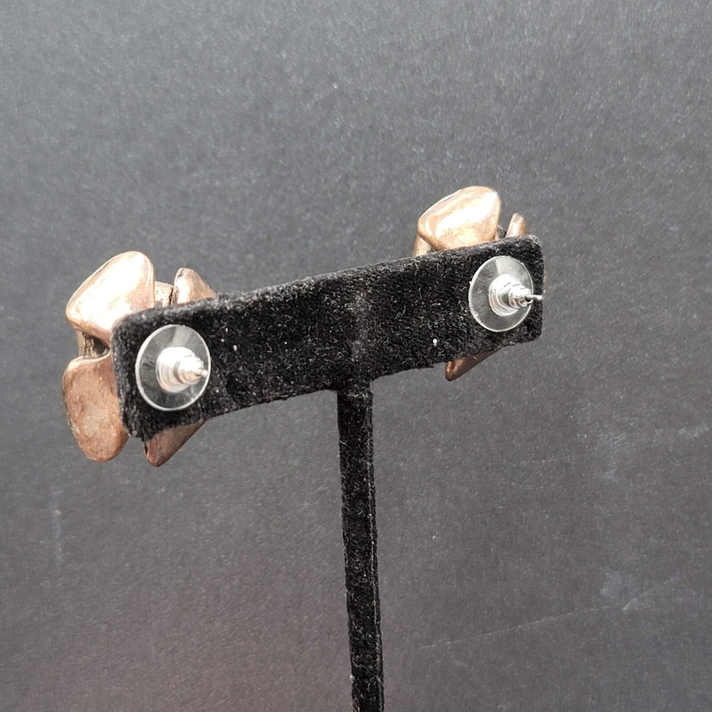Flower Pierced Earrings Copper tone Rhinestone Drop 1"