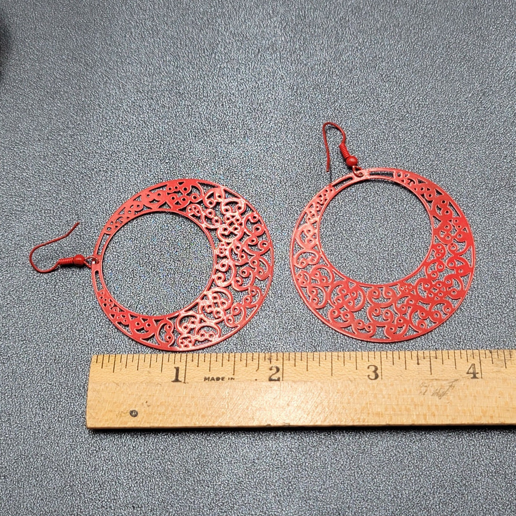 Pierced Earrings Red Enamel Filagree Statement Hoops 2"