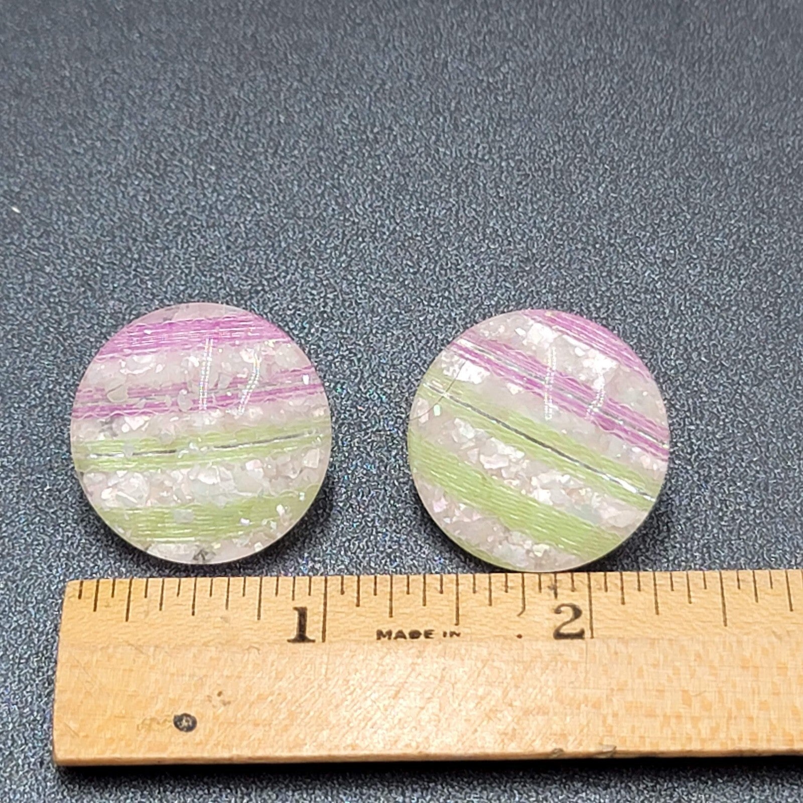 Vintage Clip on Earrings Purple Green White Lucite Round Button Studs 1"