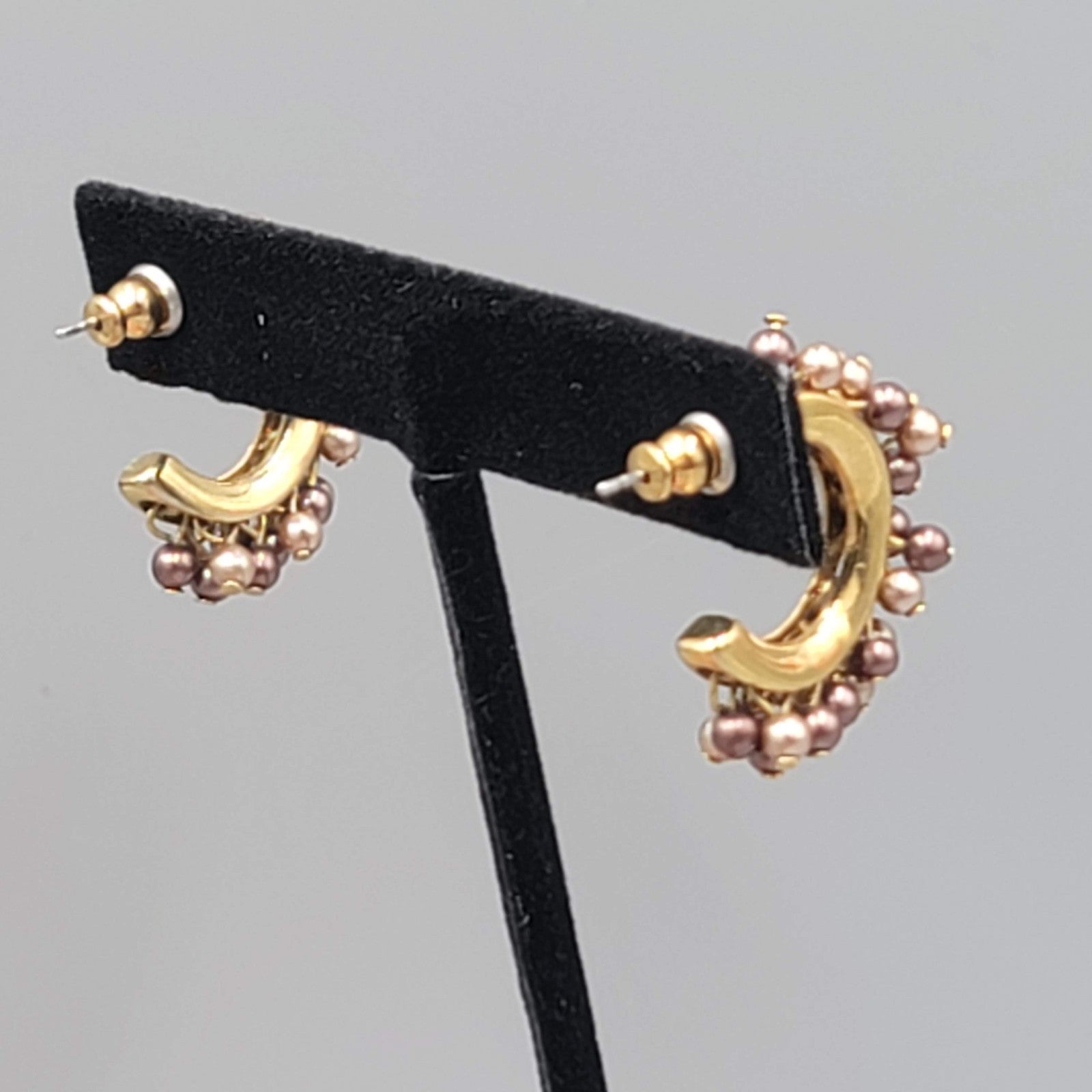 Multi tone Bead Hoops Pierced Earrings Gold tone Dangle 1"