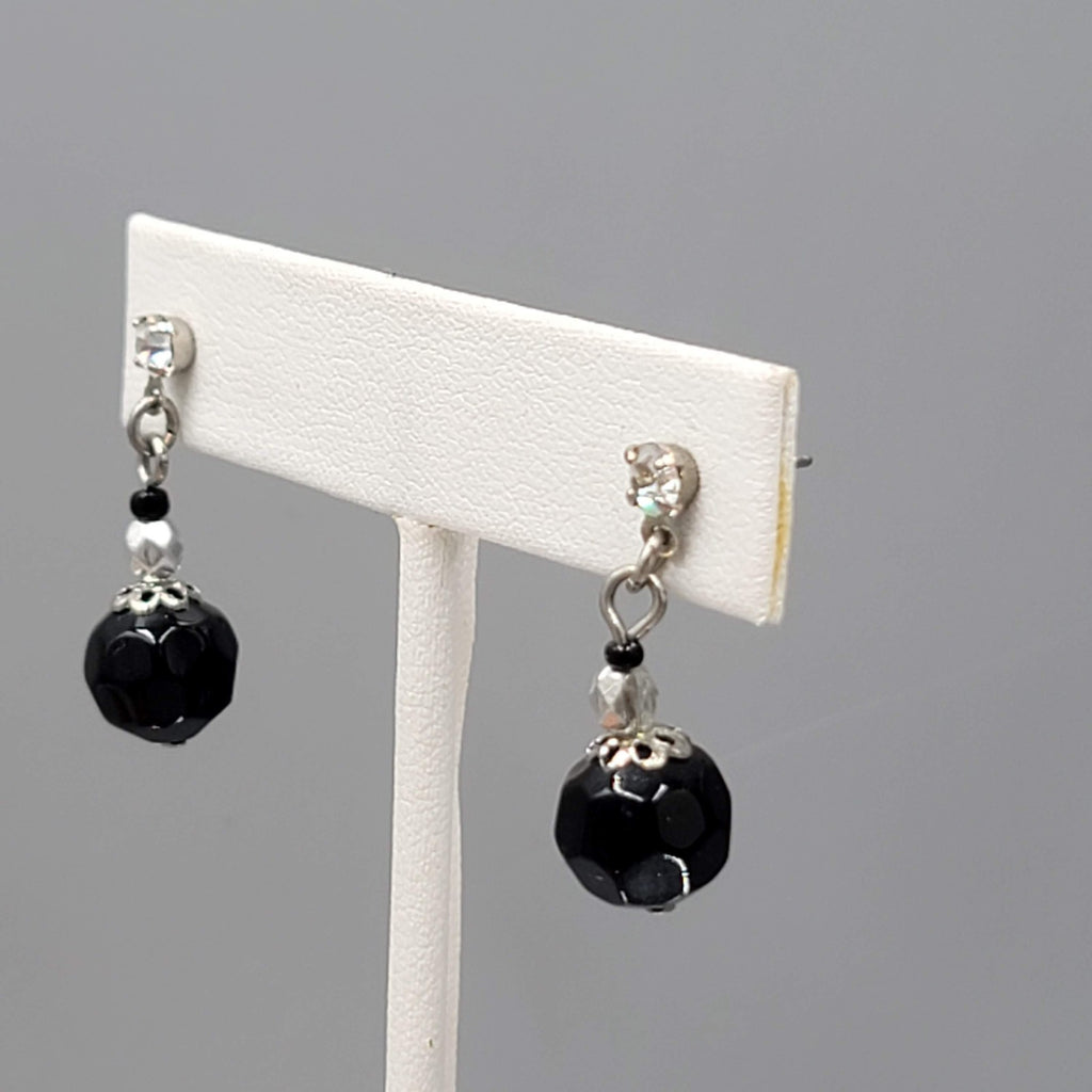 Black Glass Bead Rhinestone Pierced Earrings Silver tone Dangle 1"