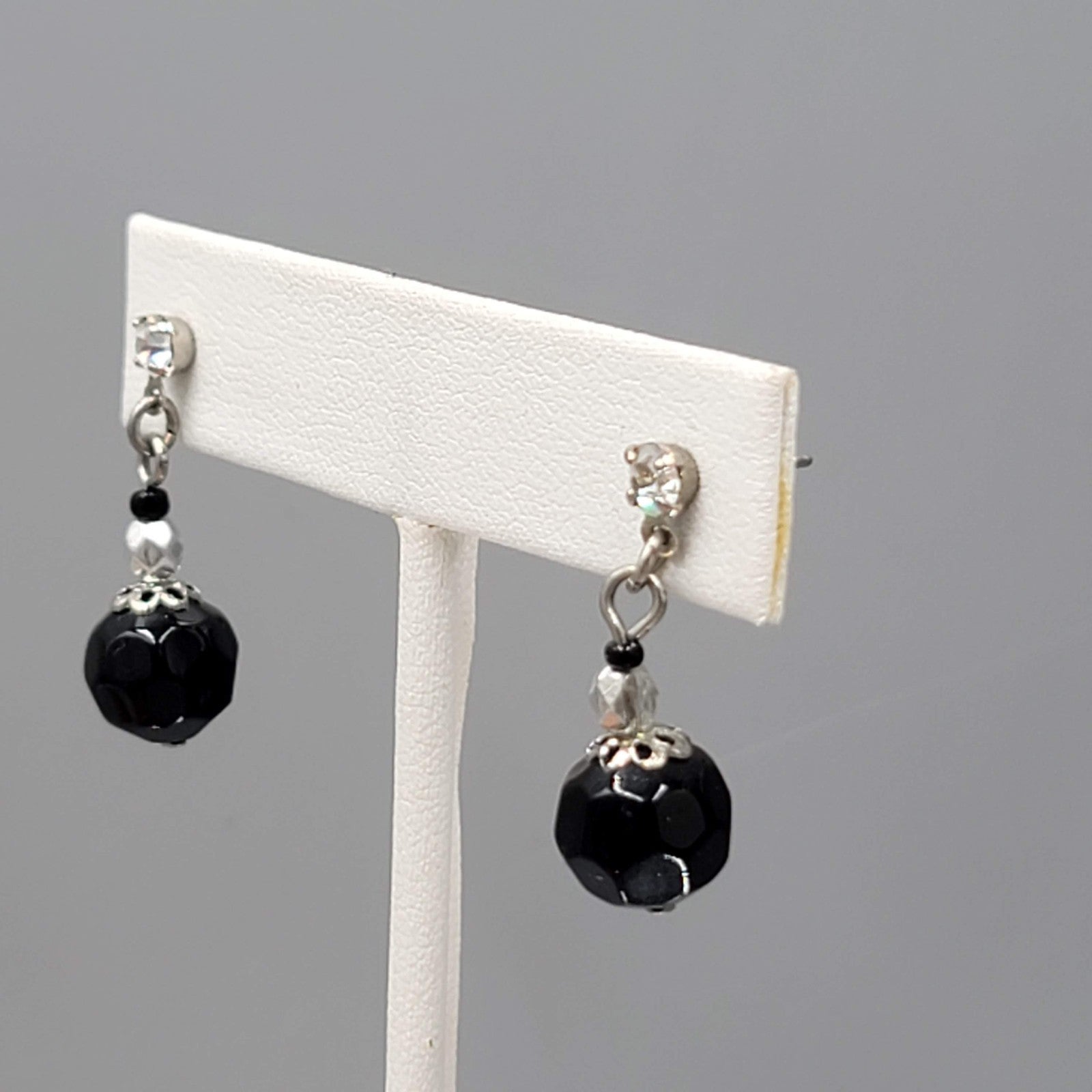 Black Glass Bead Rhinestone Pierced Earrings Silver tone Dangle 1"