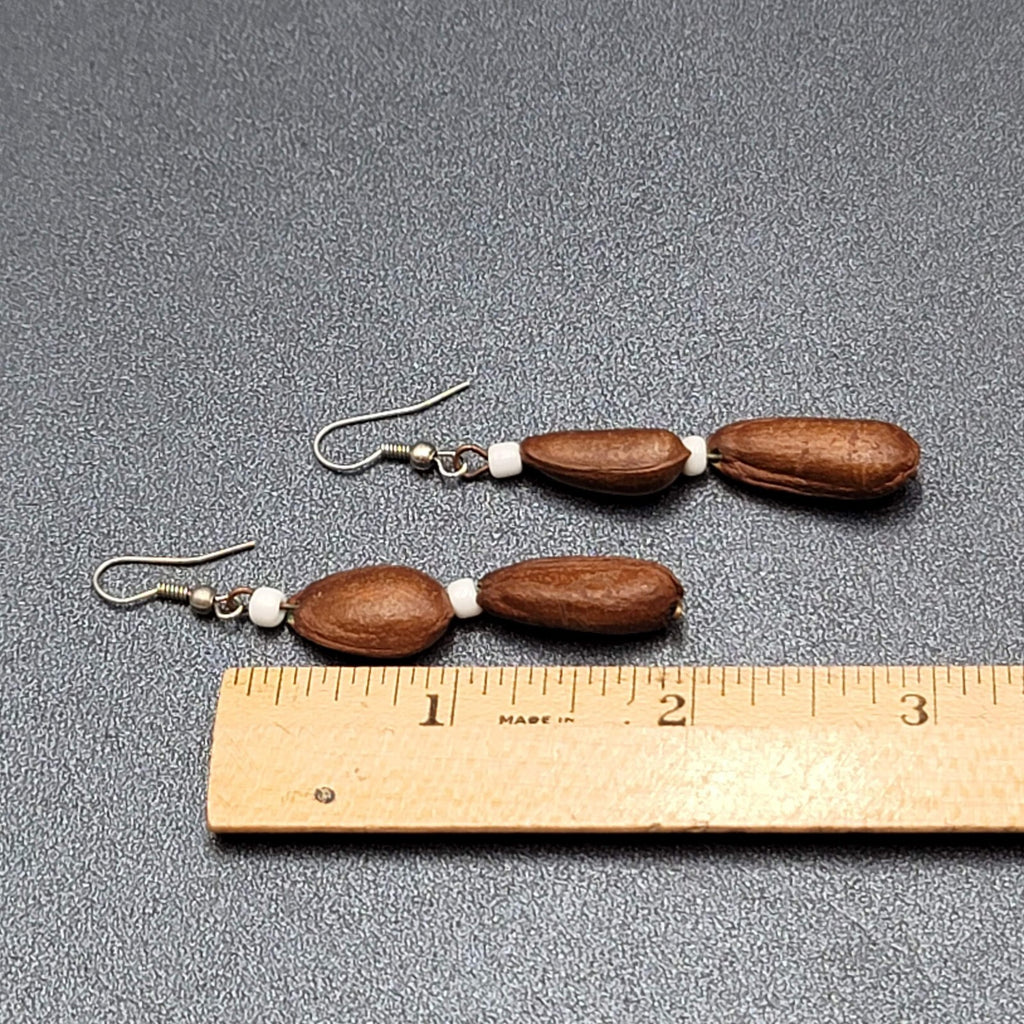 Vintage Pierced Earrings Silver tone Large Brown Seed Beads Long Dangle 2"