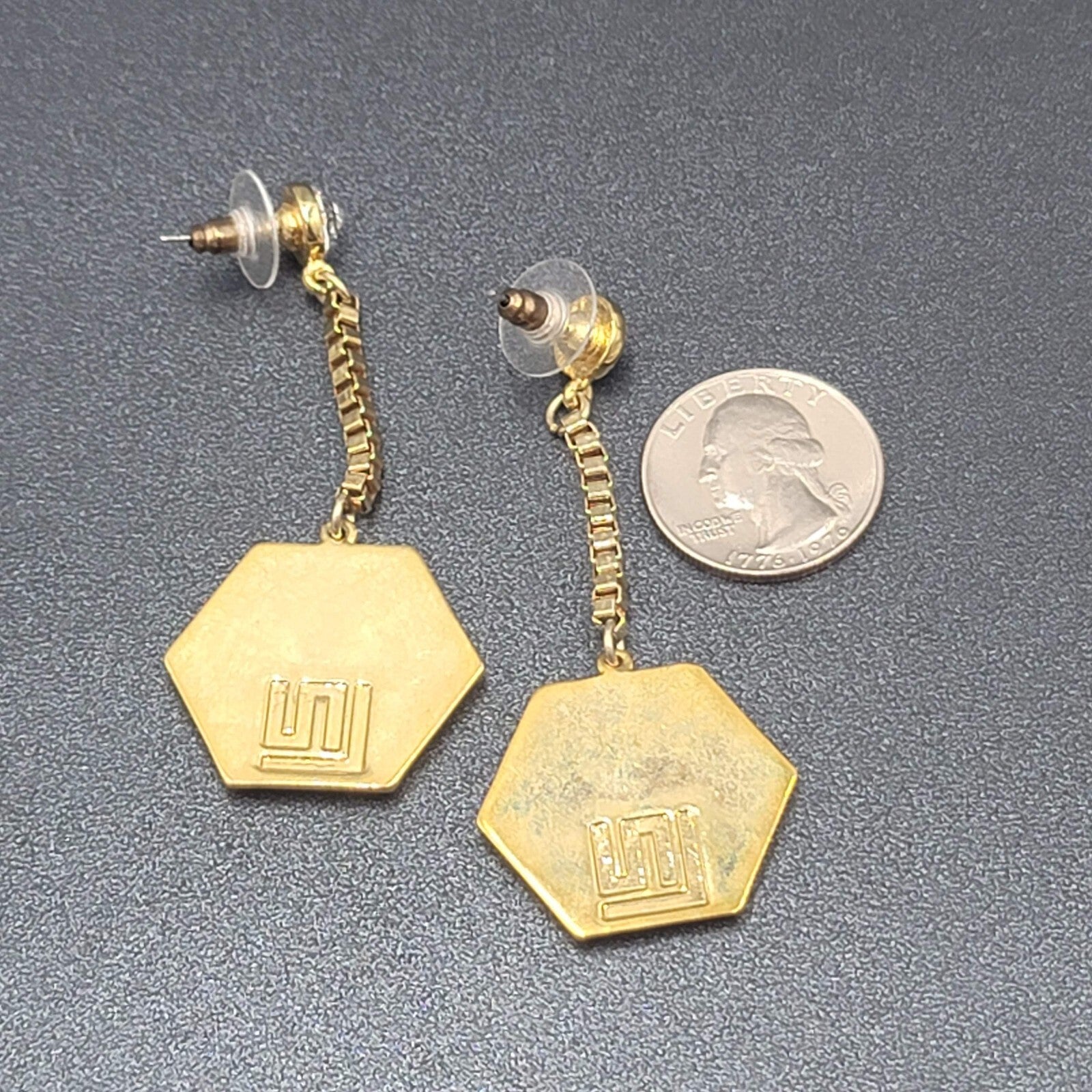 Pierced Earrings Gold Plated Rhinestone Studded Hexagon Dangle Chain Signed 