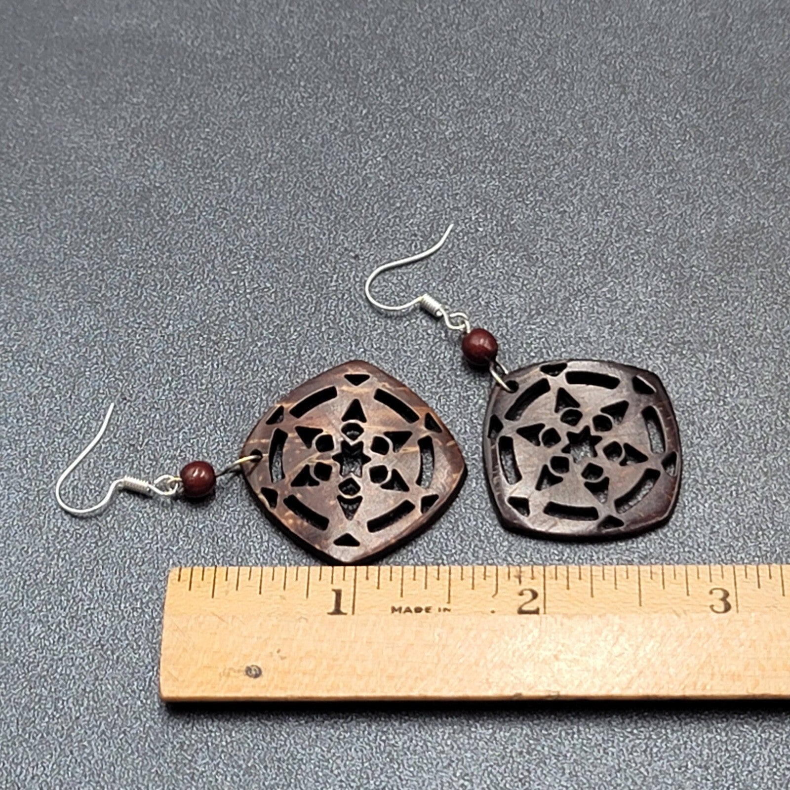 Pierced Earrings Silver tone Cut Coconut Bead Dangle 1.5"