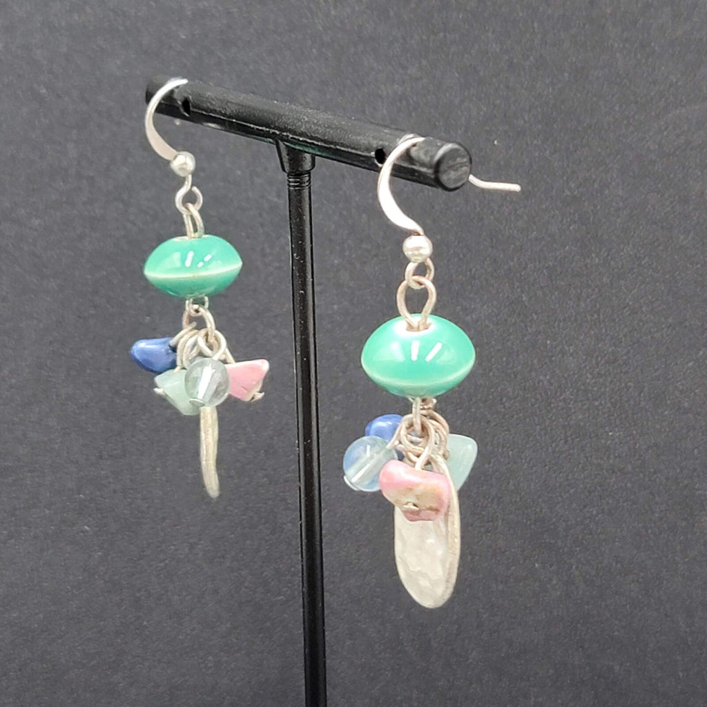 Pierced Earrings Silver tone Dangle Mixed Multicolor Cluster Beads 1.5"