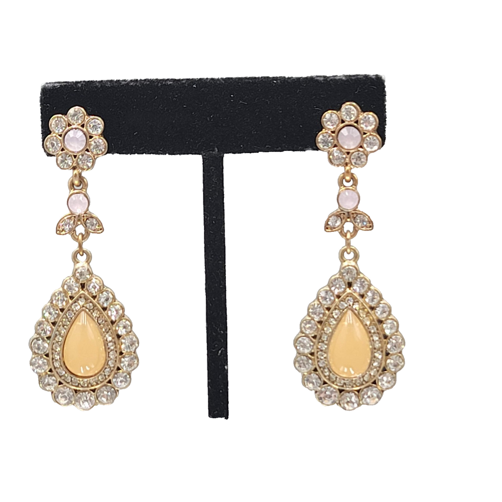Flower Teardrop Peach Rhinestone Pierced Earrings Gold tone Dangle 2.25 in