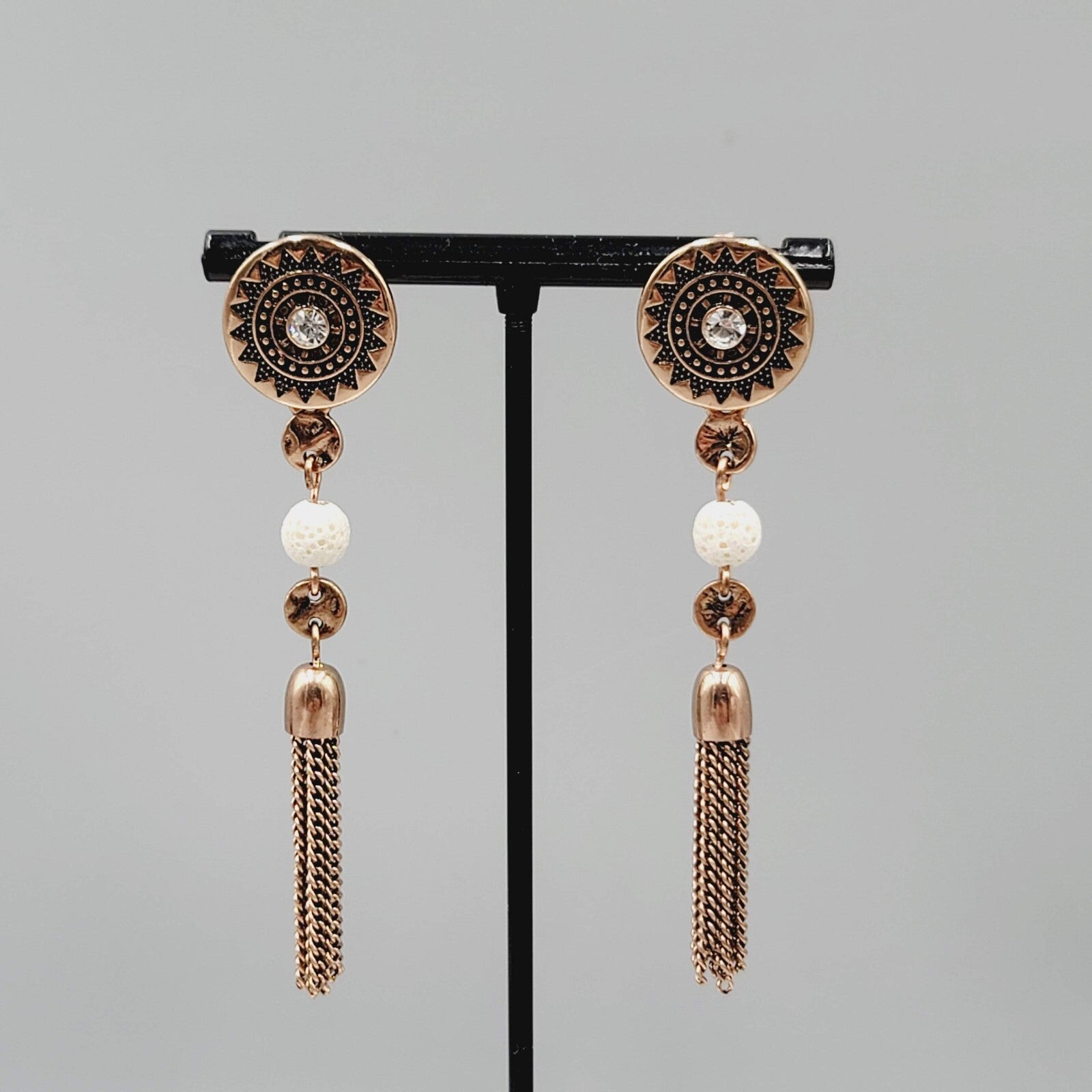Pierced Earrings Copper tone Dangle Dangle Chains White Stone Bead 2.75"
