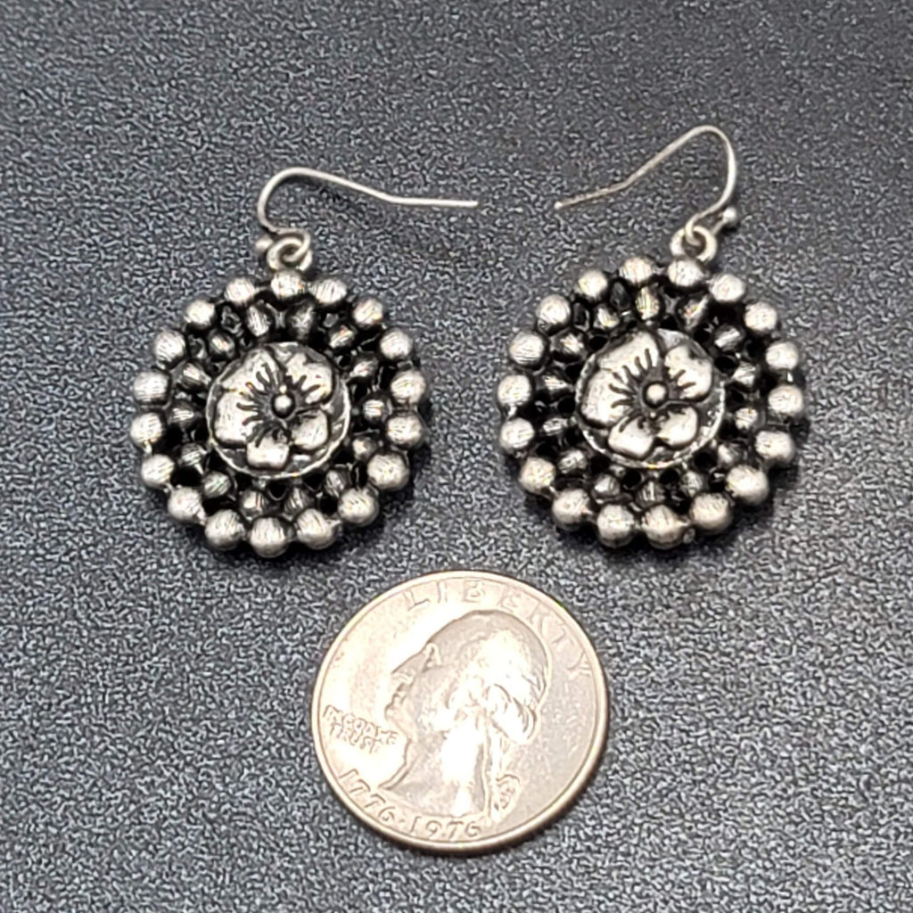 Pierced Earrings Silver tone Flower Beaded Round Dangle 1"