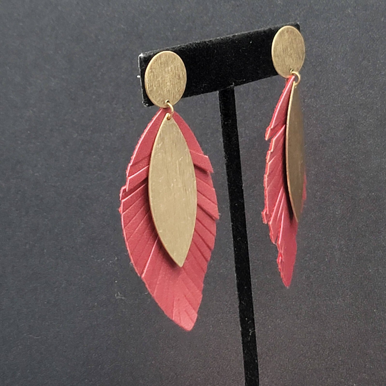Pierced Earrings Gold tone Large Statement Red Fringe Dangle 2 7/8"