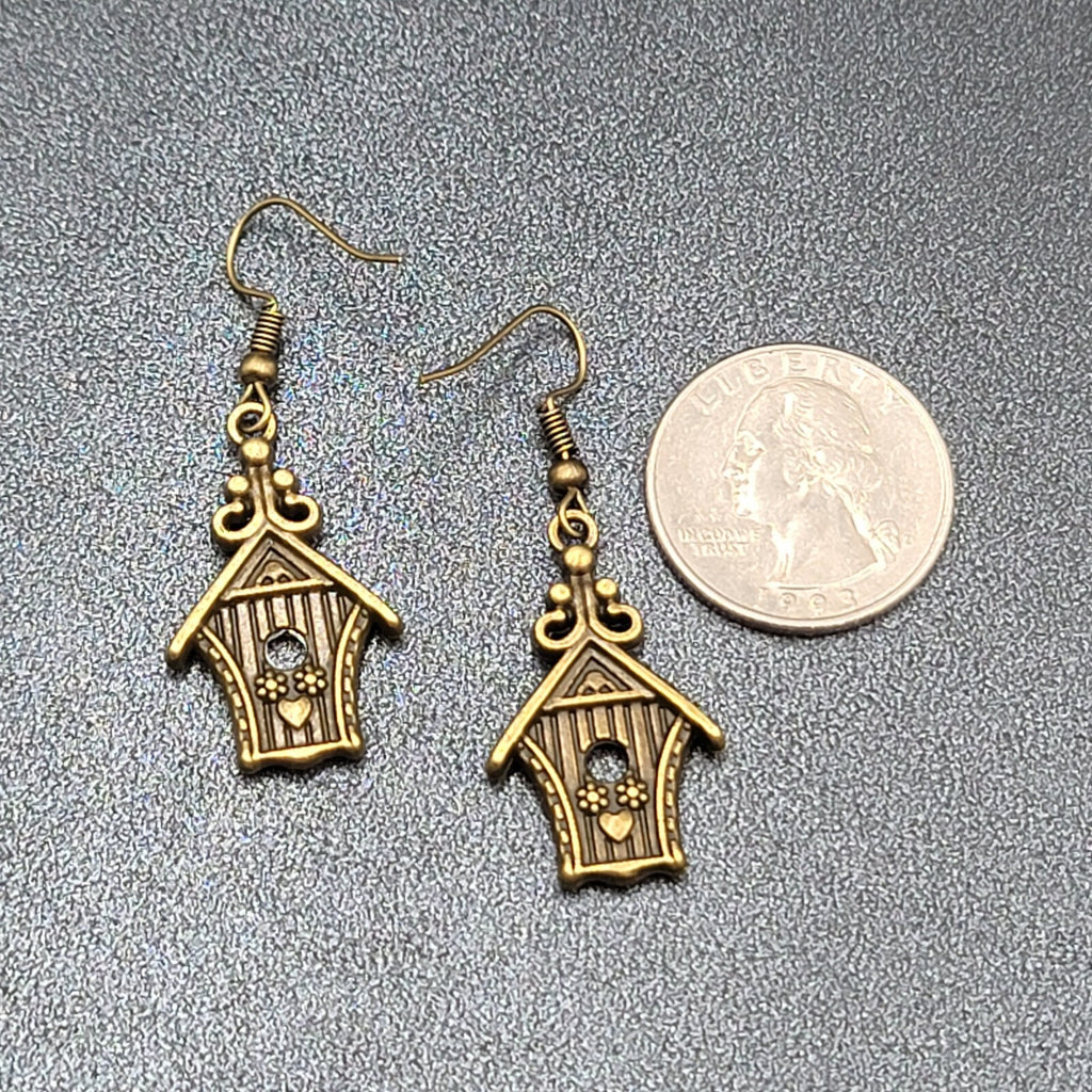 Birdhouse Pierced Earrings Bronze tone Dangle 3D Embossed 1 1/8"