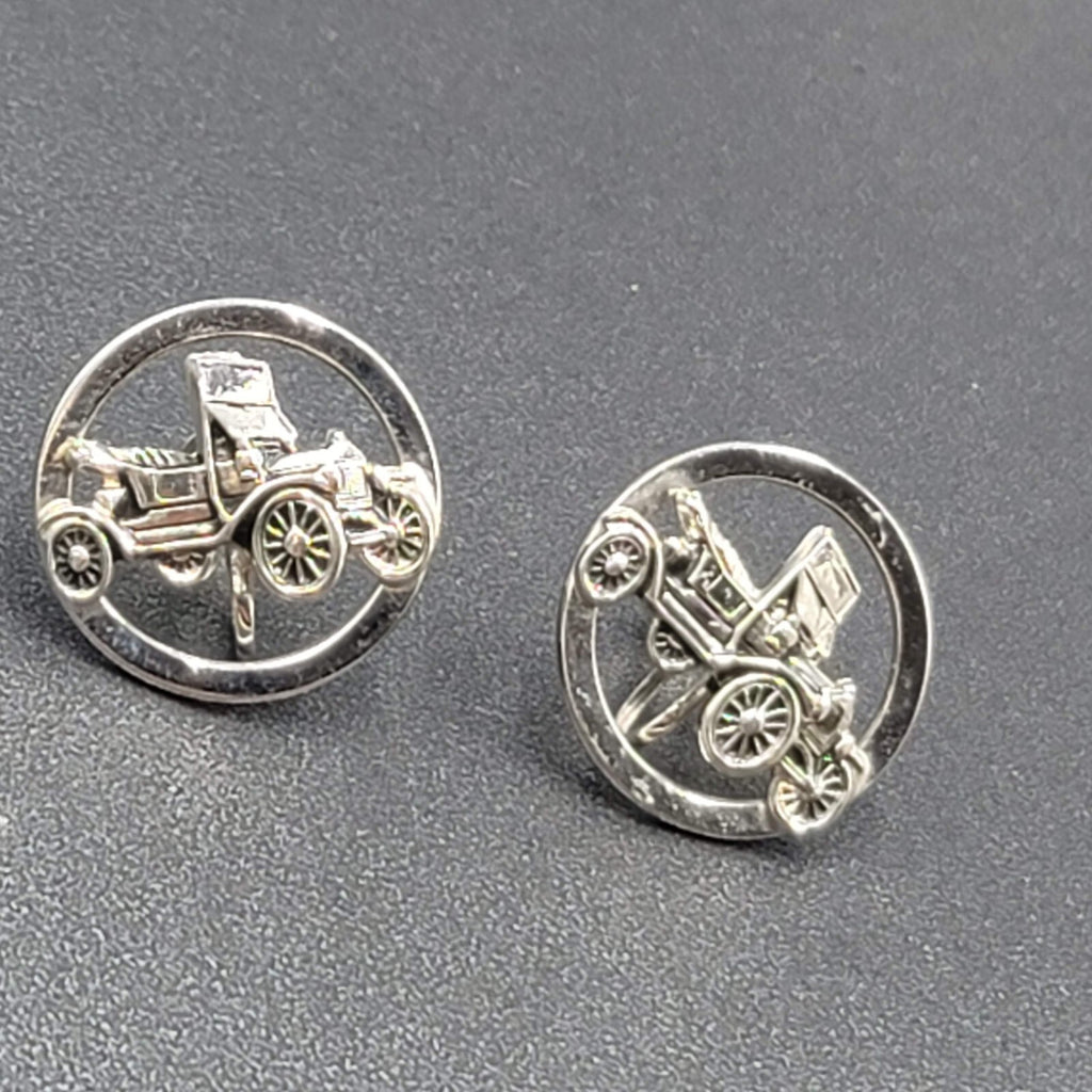 Vintage Clip on Earrings Silver tone Antique Car 3D Circle Screw Back 1"