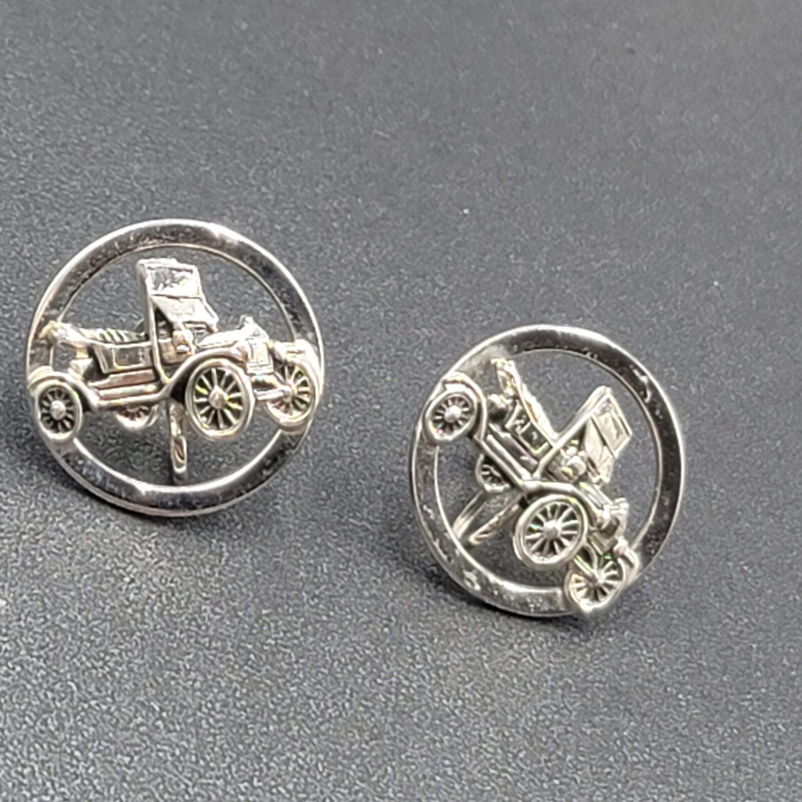 Vintage Clip on Earrings Silver tone Antique Car 3D Circle Screw Back 1"