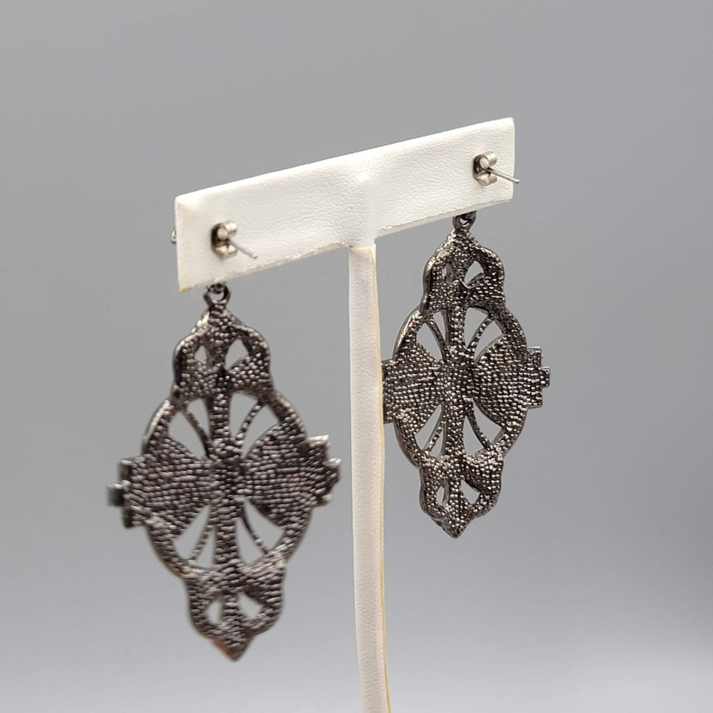 Large Statement Pierced Earrings Black Metal Green Rhinestone Dangle 2.75 in