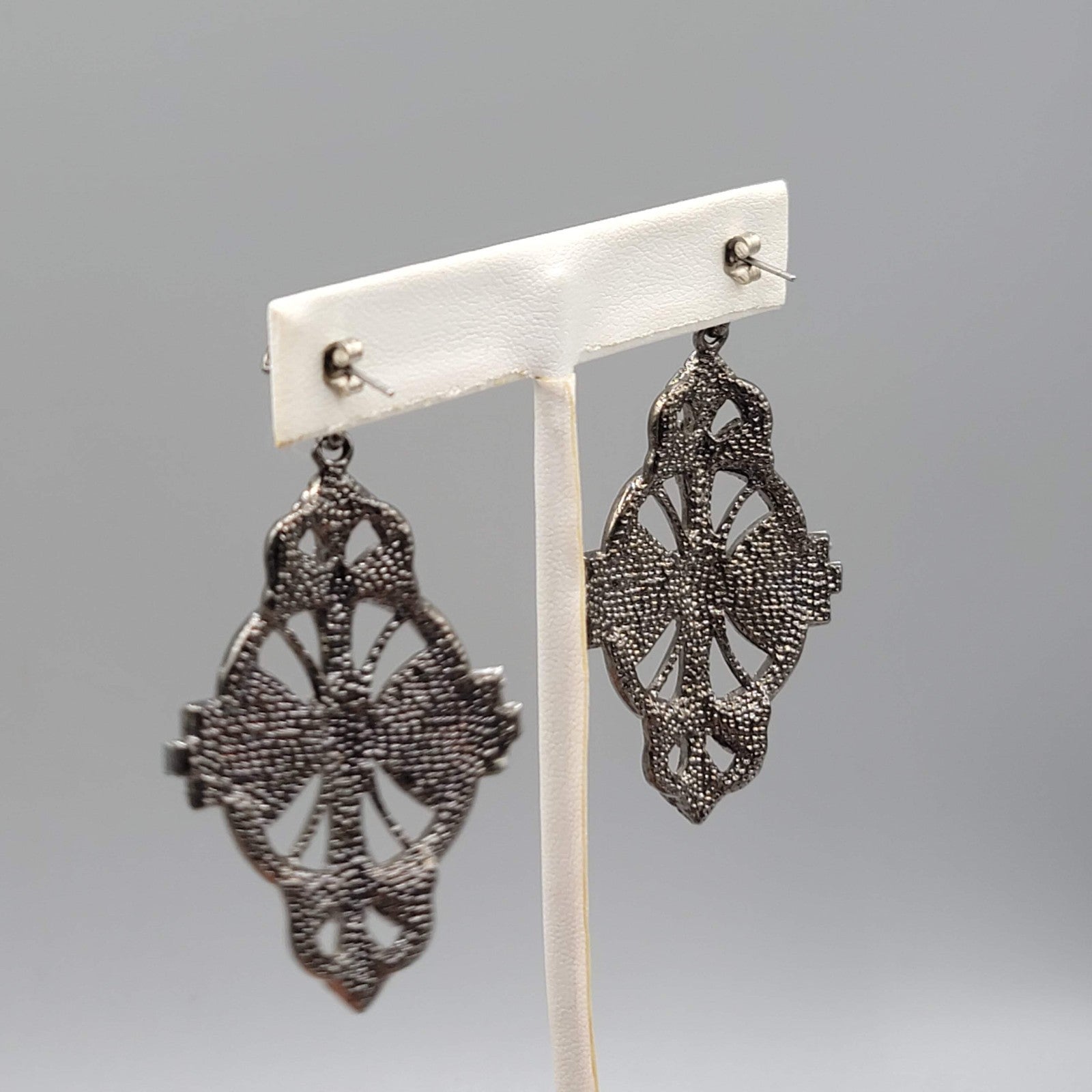 Large Statement Pierced Earrings Black Metal Green Rhinestone Dangle 2.75 in