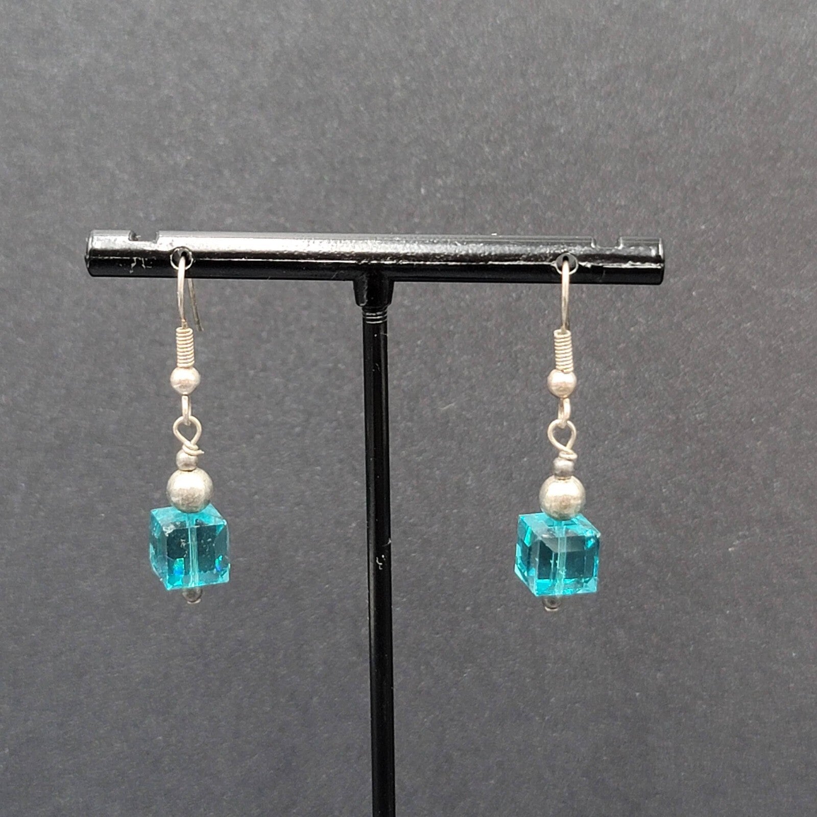 Pierced Earrings Silver tone Square Blue Crystal Bead Dangle 7/8"