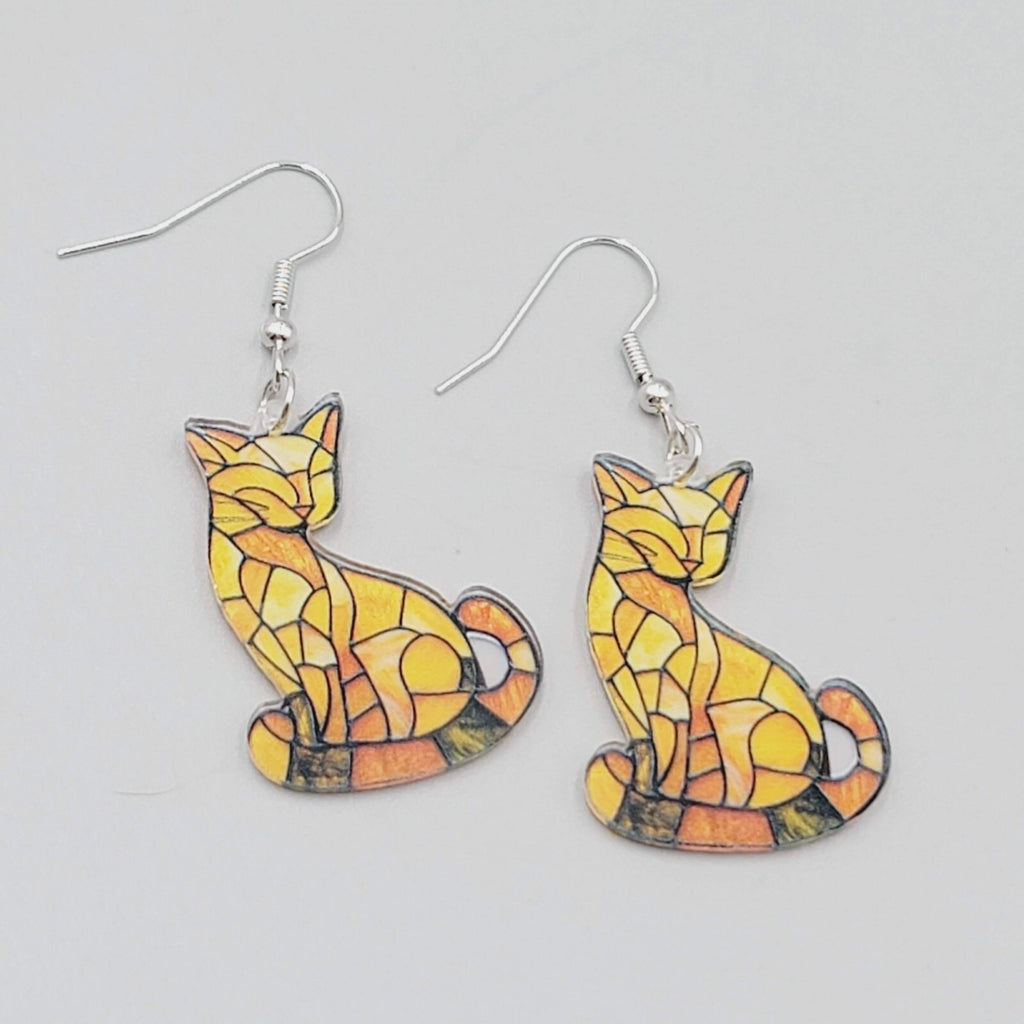 Yellow Kitty Cat Pierced Earrings Acrylic Dangle 1 3/8"
