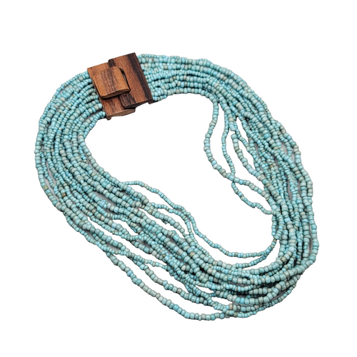 Artisan Necklace 14 Strand Blue Seed Bead Wood Clasp Statement 18"