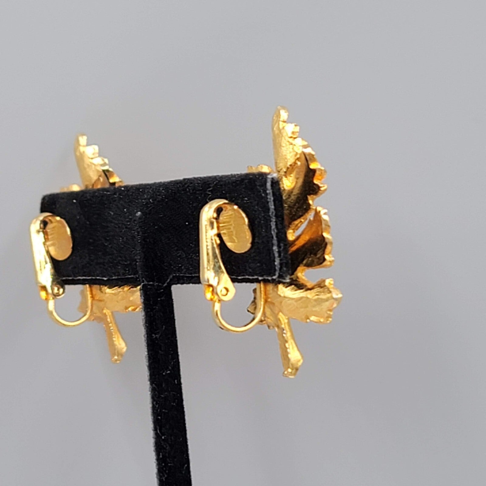 Vintage Gold Plated Leaf Clip on Earrings Leaves Drop 1 3/8"