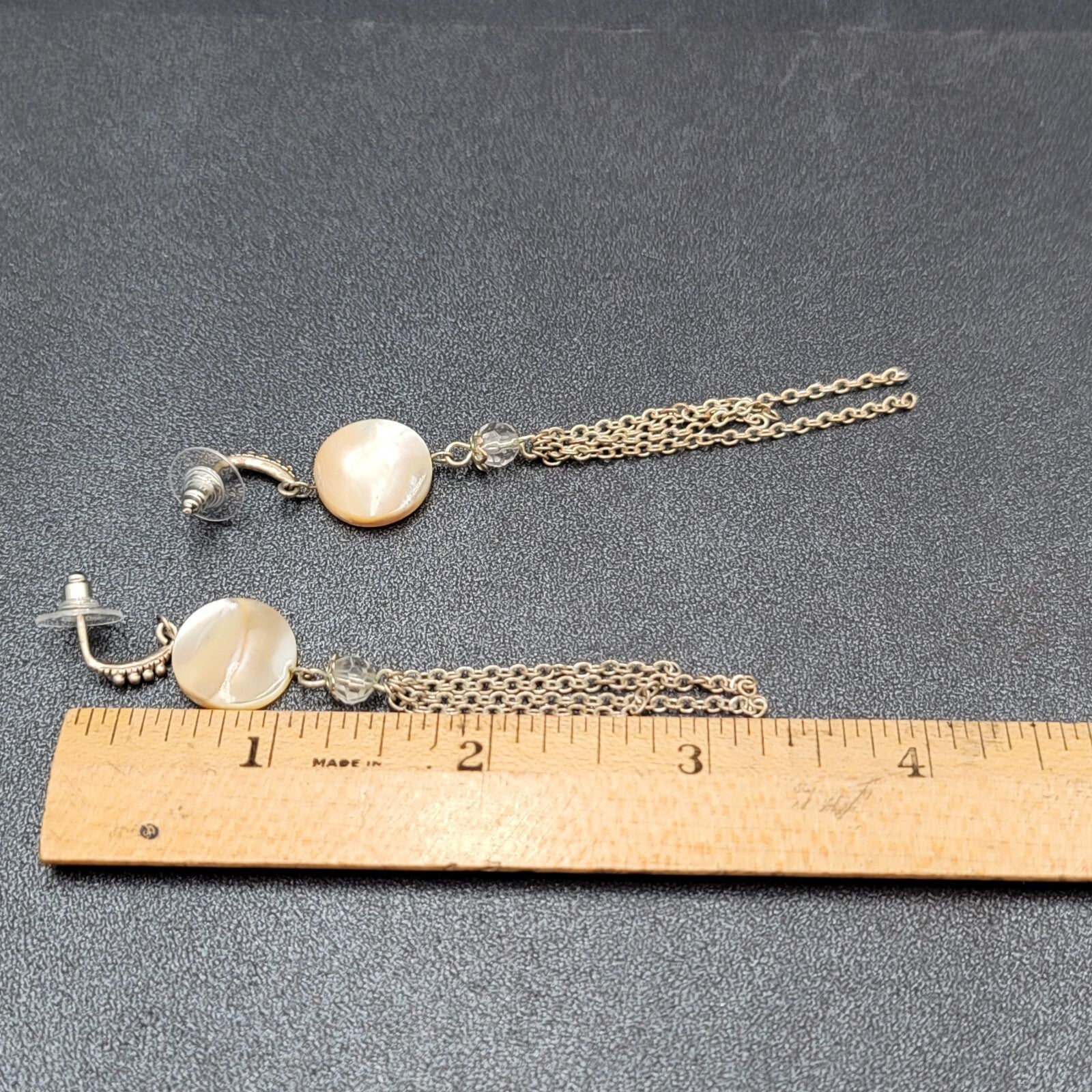 Pierced Earrings Silver tone Mother of Pearl Disc Dangle Chains 3.5"