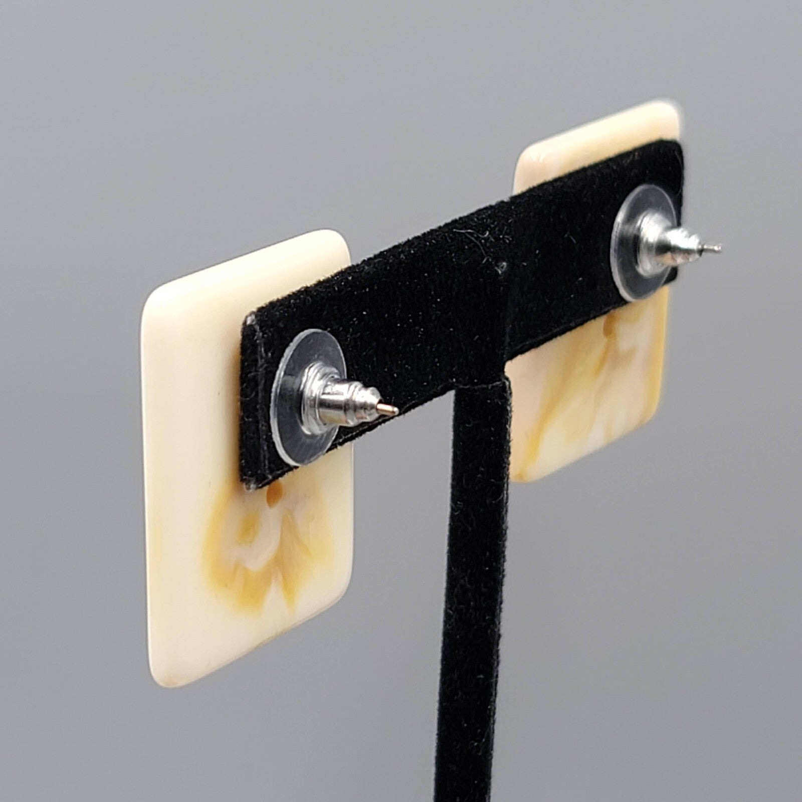 Vintage Pierced Earrings Acrylic Rectangle Drop Beige Tan Swirl 1.25"
