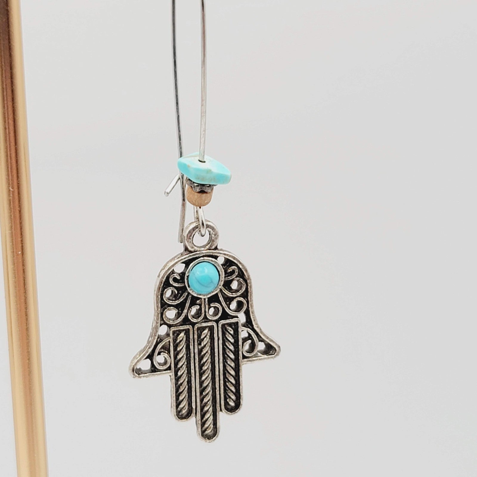 Hamsa Hand Boho Bead Pierced Earrings Silver tone Dangle  2.5 in