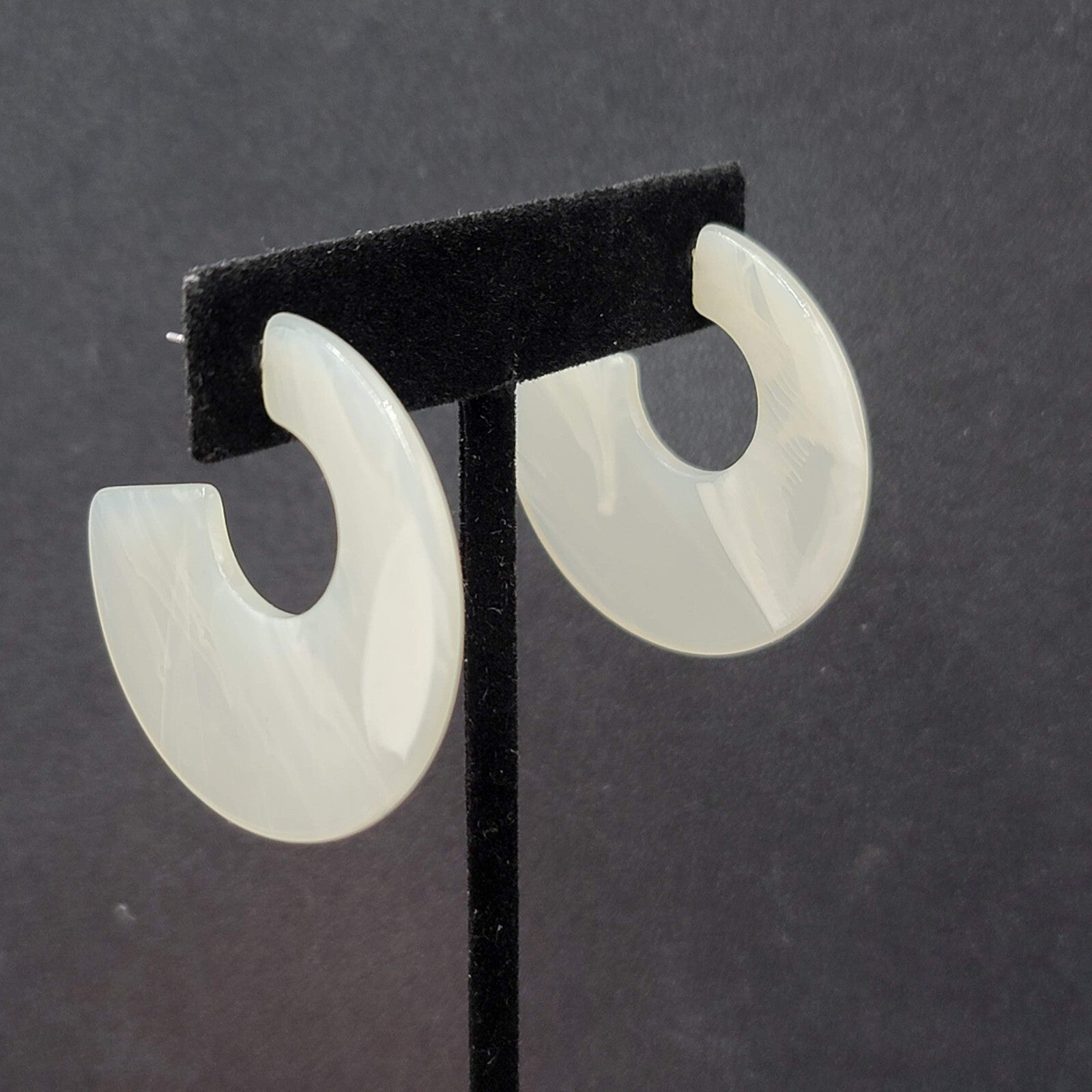 Pierced Earrings White Resin Wide Hoops Statement 1.5"
