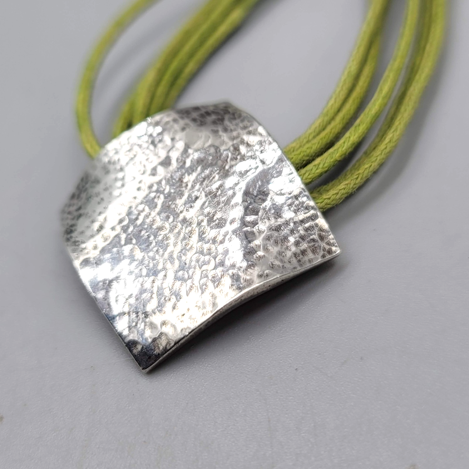 Hammered Square Sterling Silver Pendant Necklace Green Cord Chocker 14"