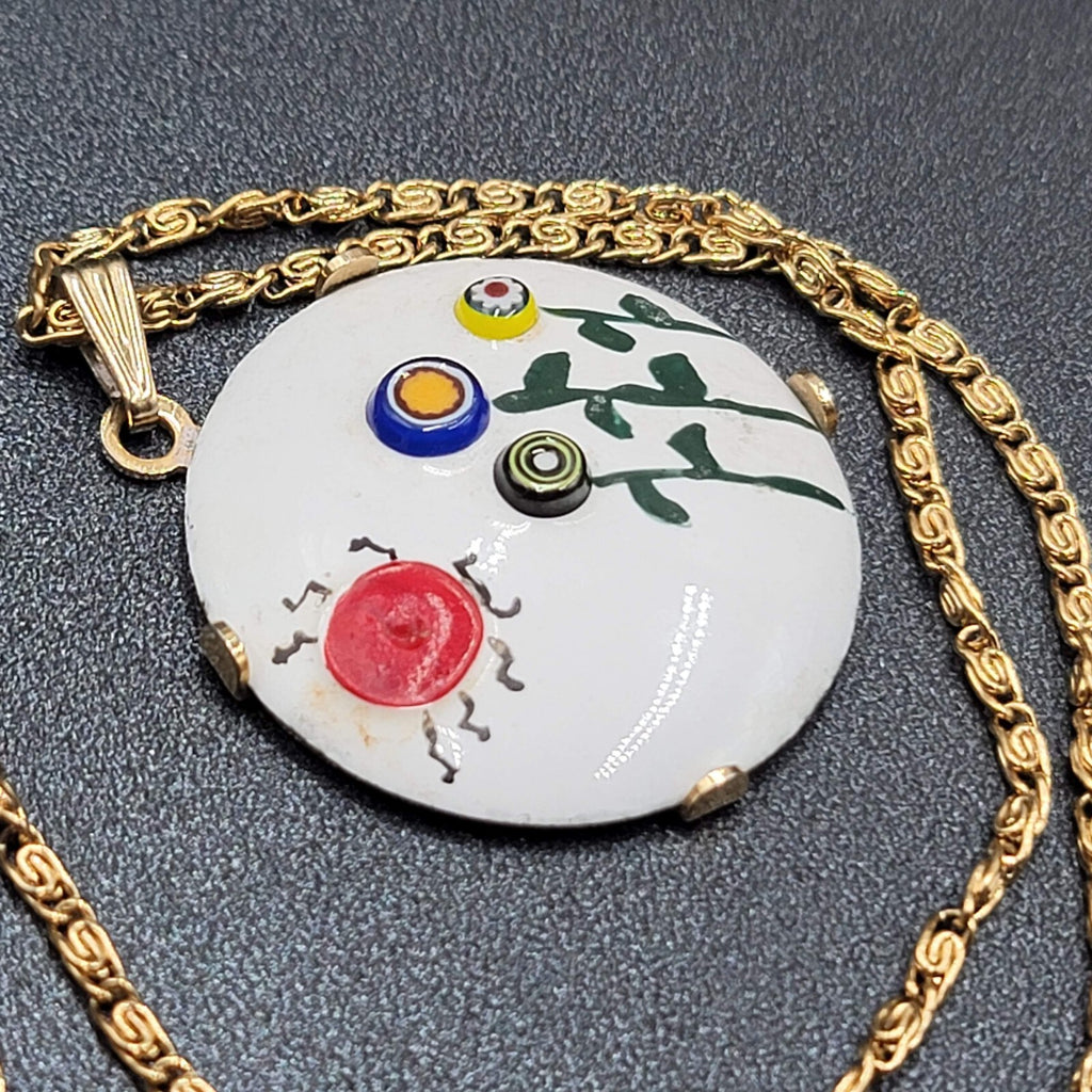 Vintage Enamel over Metal Flower Pendant Gold tone S Chain Necklace 15"