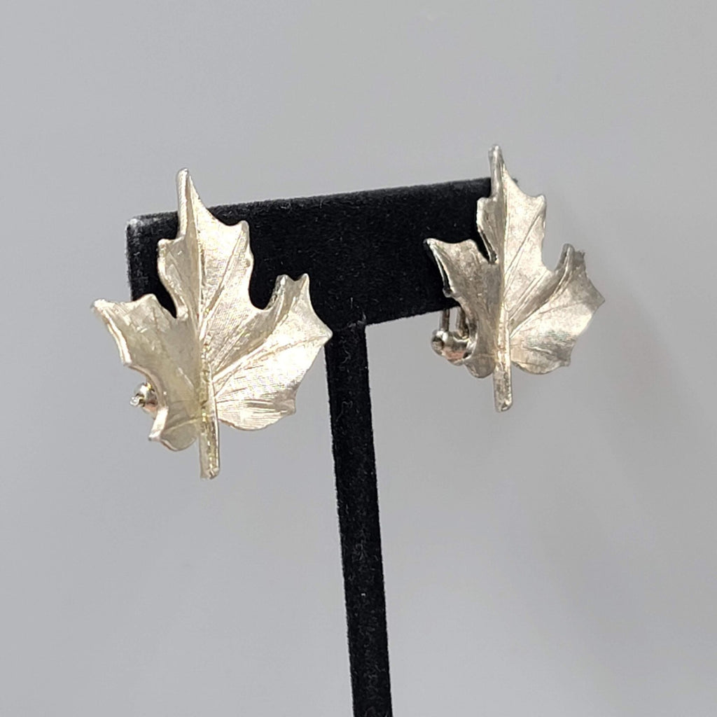 Vintage Leaf Clip on Earrings Brushed Textured Silver tone 1.25"