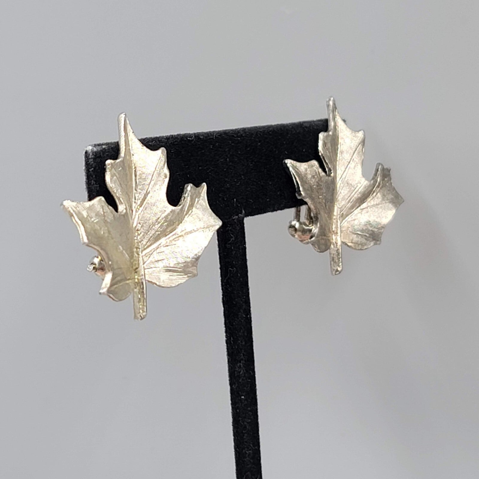 Vintage Leaf Clip on Earrings Brushed Textured Silver tone 1.25"