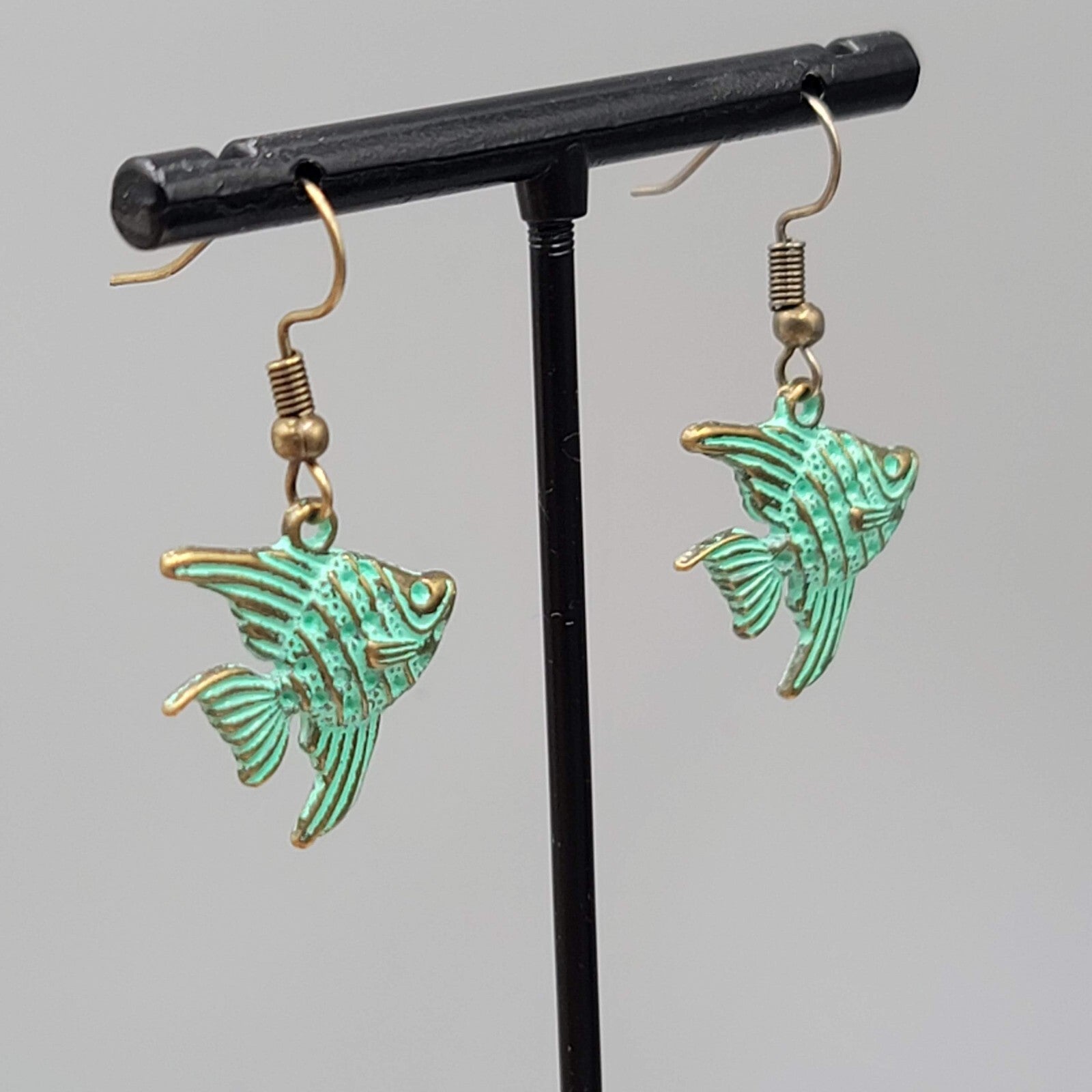 Angelfish Beach Sea life Pierced Earrings Bronze tone Green wash Dangle 3/4"