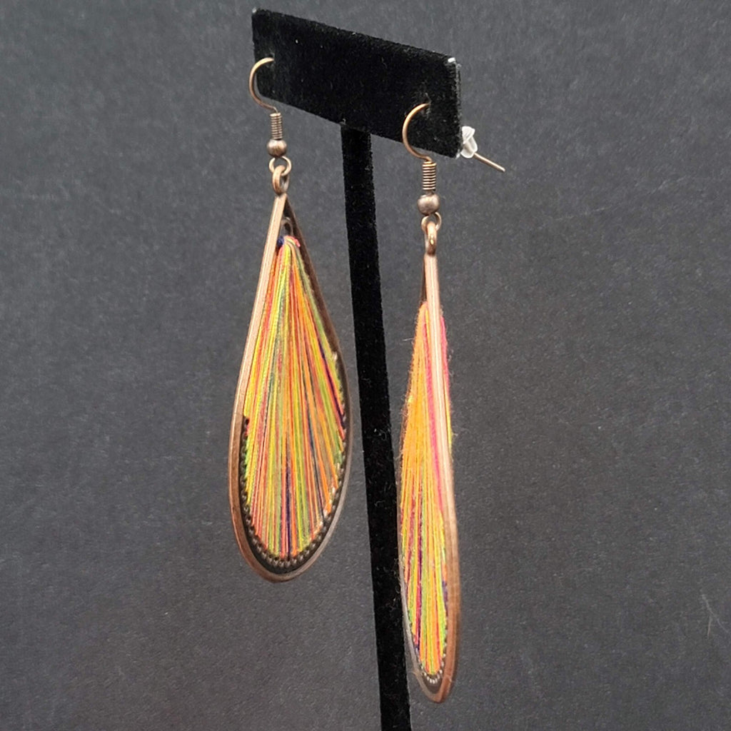 New Boho Pierced Earrings Copper tone Rainbow Threaded Dangle Teardrop 2.75"
