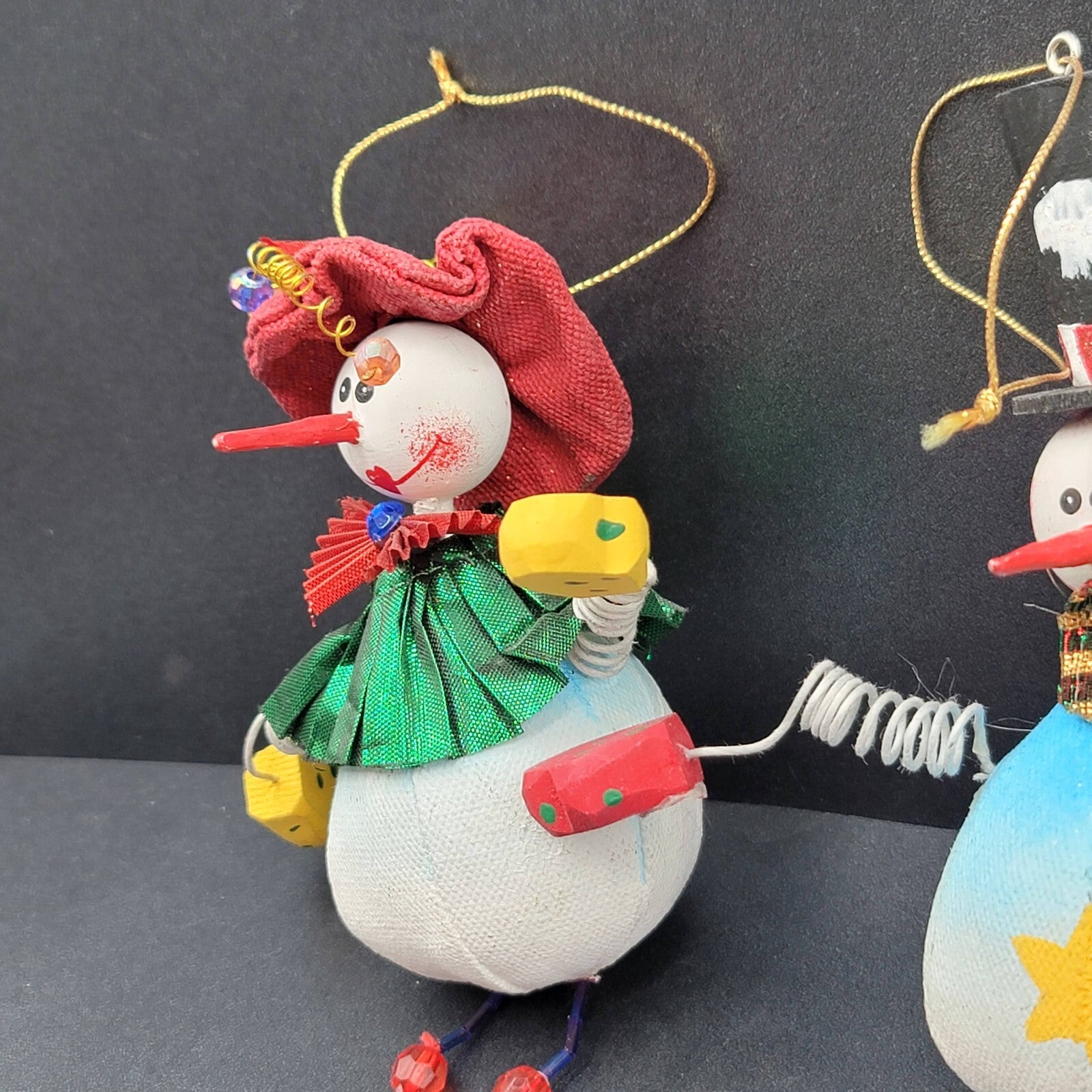 Christmas Snowman Ornament Lot of 2 Hand Painted Wood Canvas Beaded LONG 12"