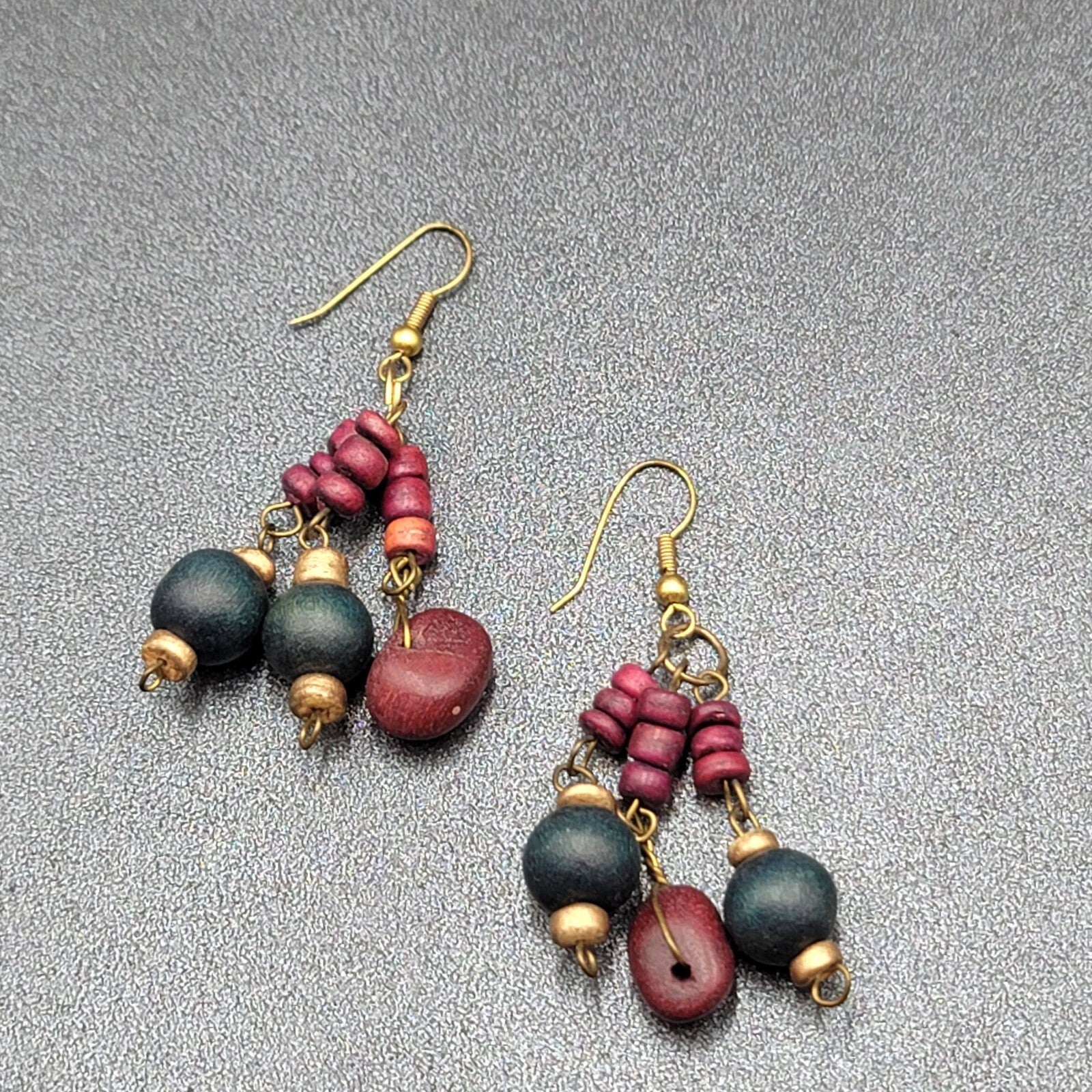 Vintage Pierced Earrings Purple Blue Wood Beads Dangle Boho 1.75"