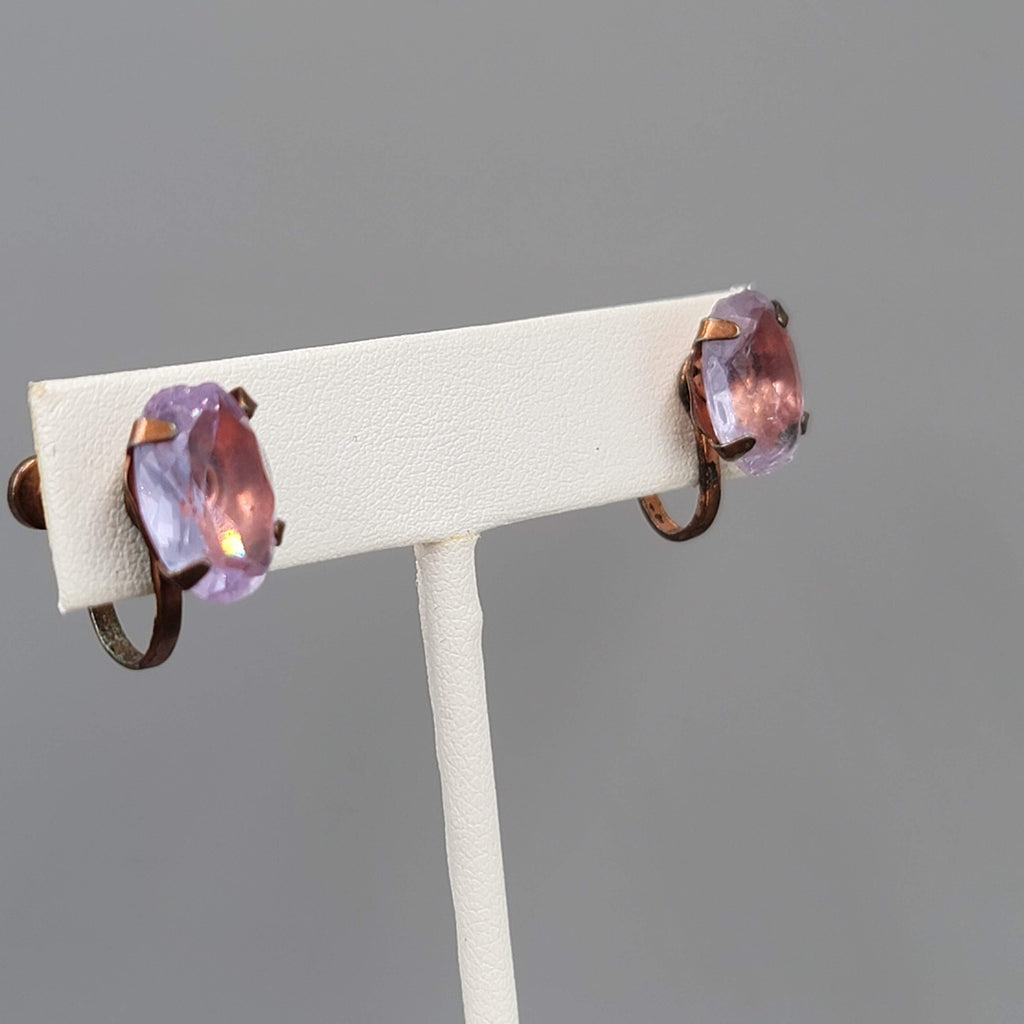 Vintage Clip on Earrings Bronze tone Purple Unknown Stud Screw Back 1/2"