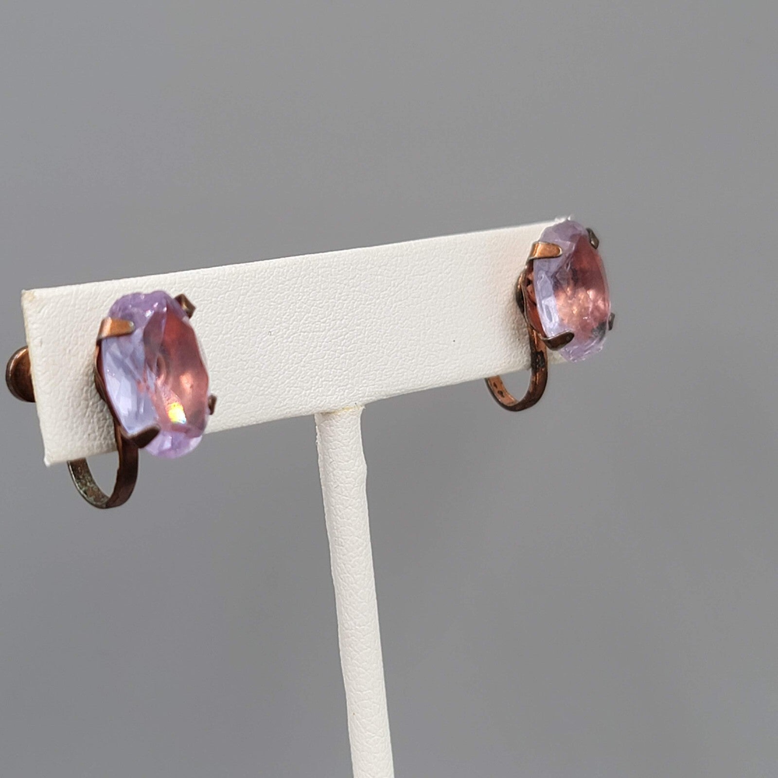 Vintage Clip on Earrings Bronze tone Purple Unknown Stud Screw Back 1/2"
