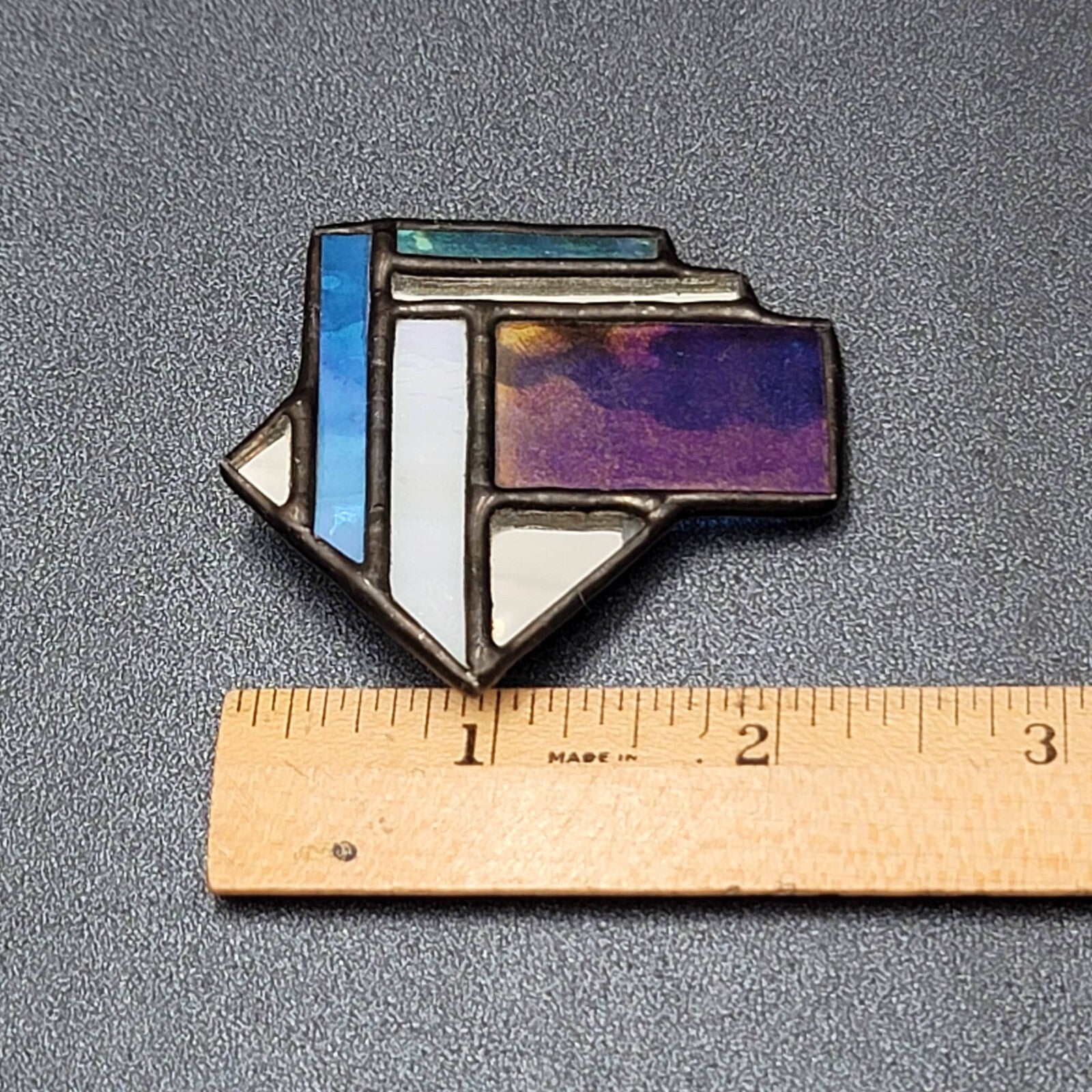Vintage Stained Glass Brooch Mirror Abstract Lead Handmade 2.25"