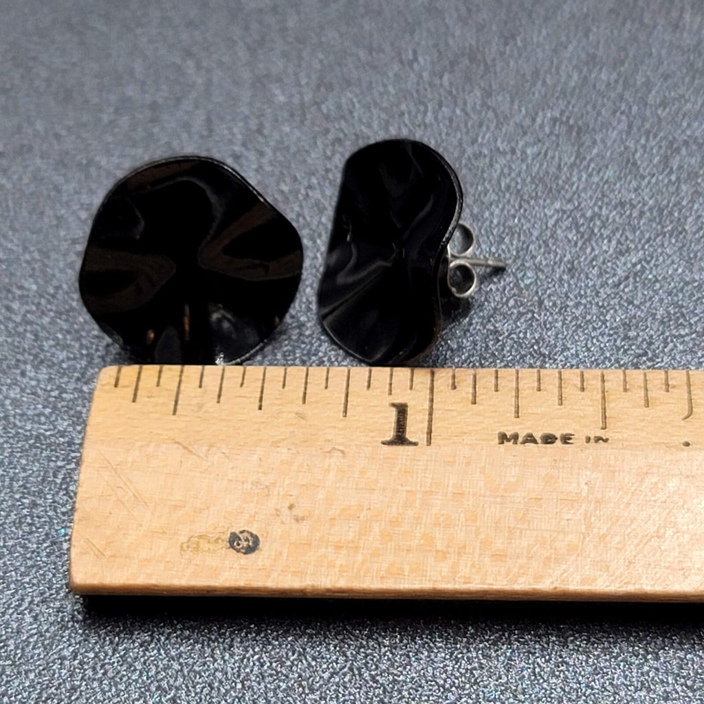 Vintage Pierced Earrings Black Enamel Wavy Round Studs 5/8"